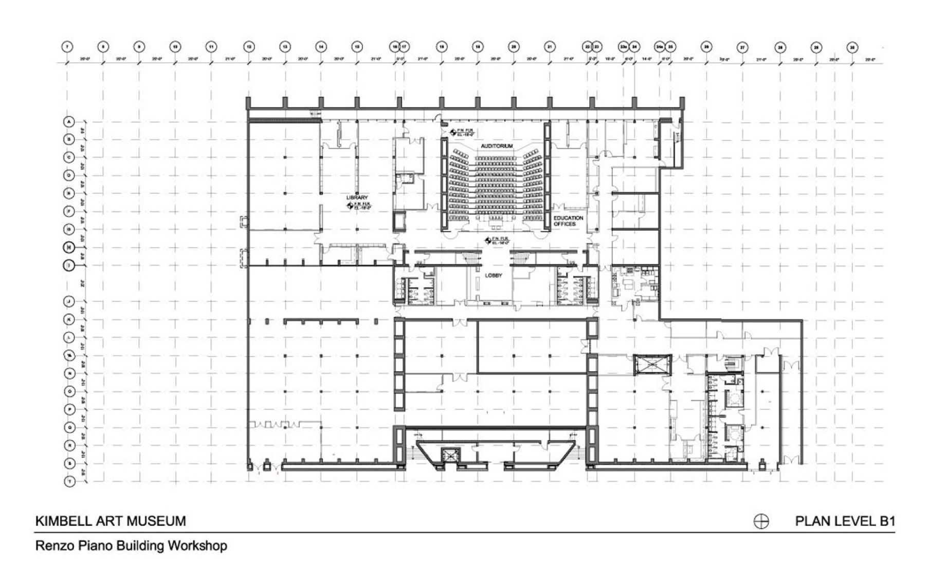 Plano de la planta baja. Pabellón de Renzo Piano en el Museo de Arte Kimbell. Cortesía de Renzo Piano Building Workshop.