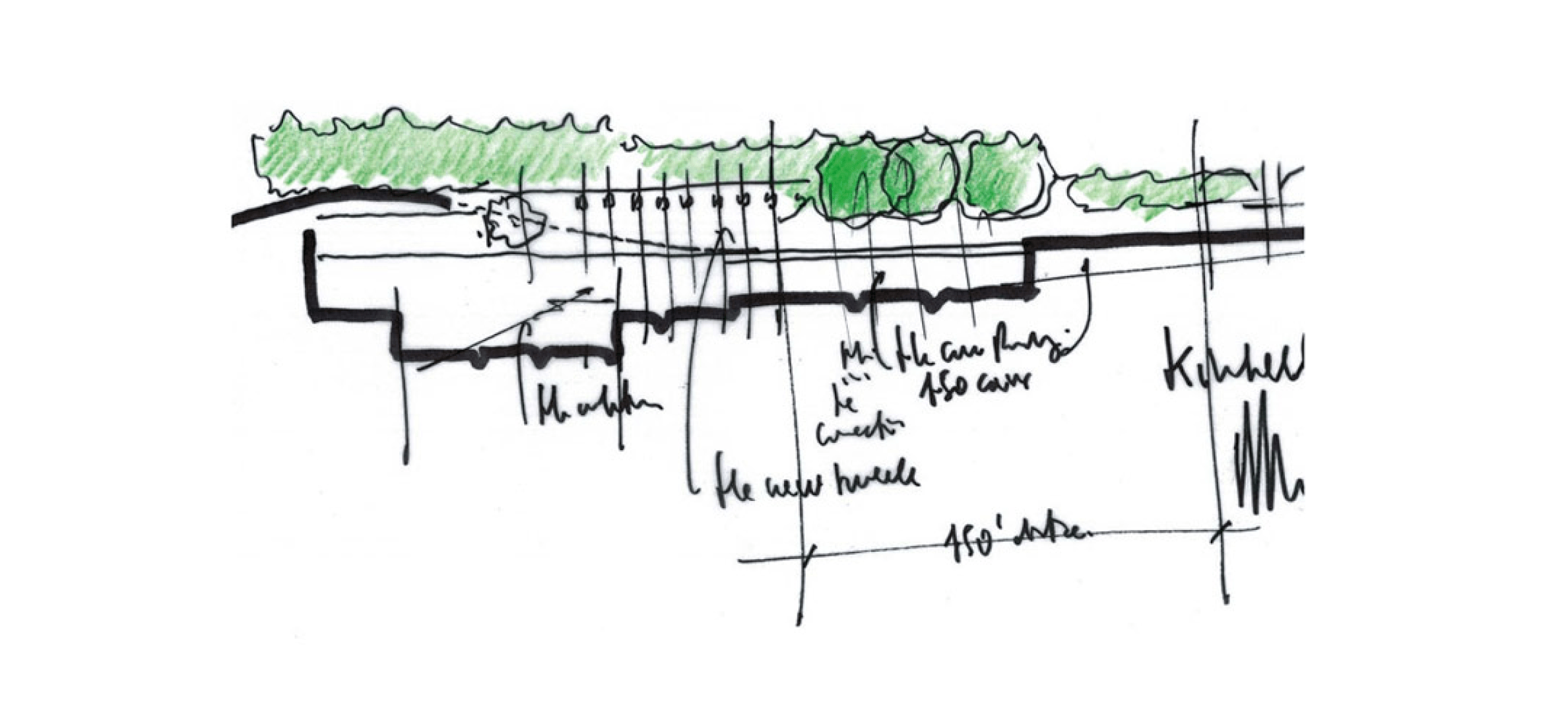 Dibujo del proyecto. Pabellón de Renzo Piano en el Museo de Arte Kimbell. Cortesía de Renzo Piano Building Workshop.