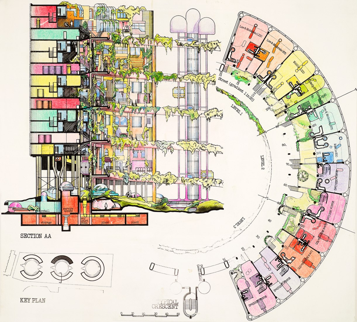 Concurso de diseño de casas en la Isla Roosevelt, New York, New York. Seciones y planta de un apartamento de pisos con perfil en cascada, 1975 por Sir Peter Cook © Colección de RIBA.