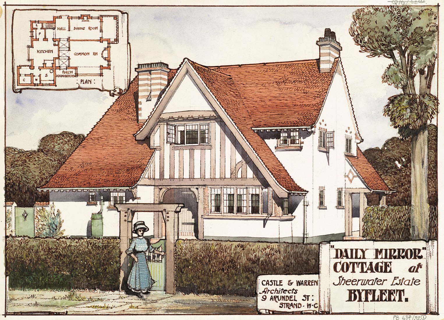 Dibujo para el Daily Mirror Cottage, Sheerwater Estate, Byfleet. Dibujado en 1910 por Castle & Warren © Colección de RIBA.