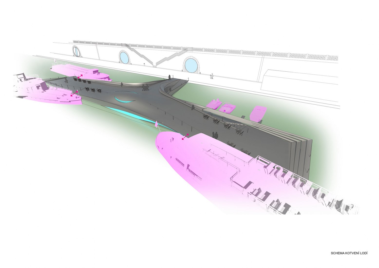 Esquema de atraque de embarcaciones.Terminal. La orilla del río de Praga por petrjanda / brainwork