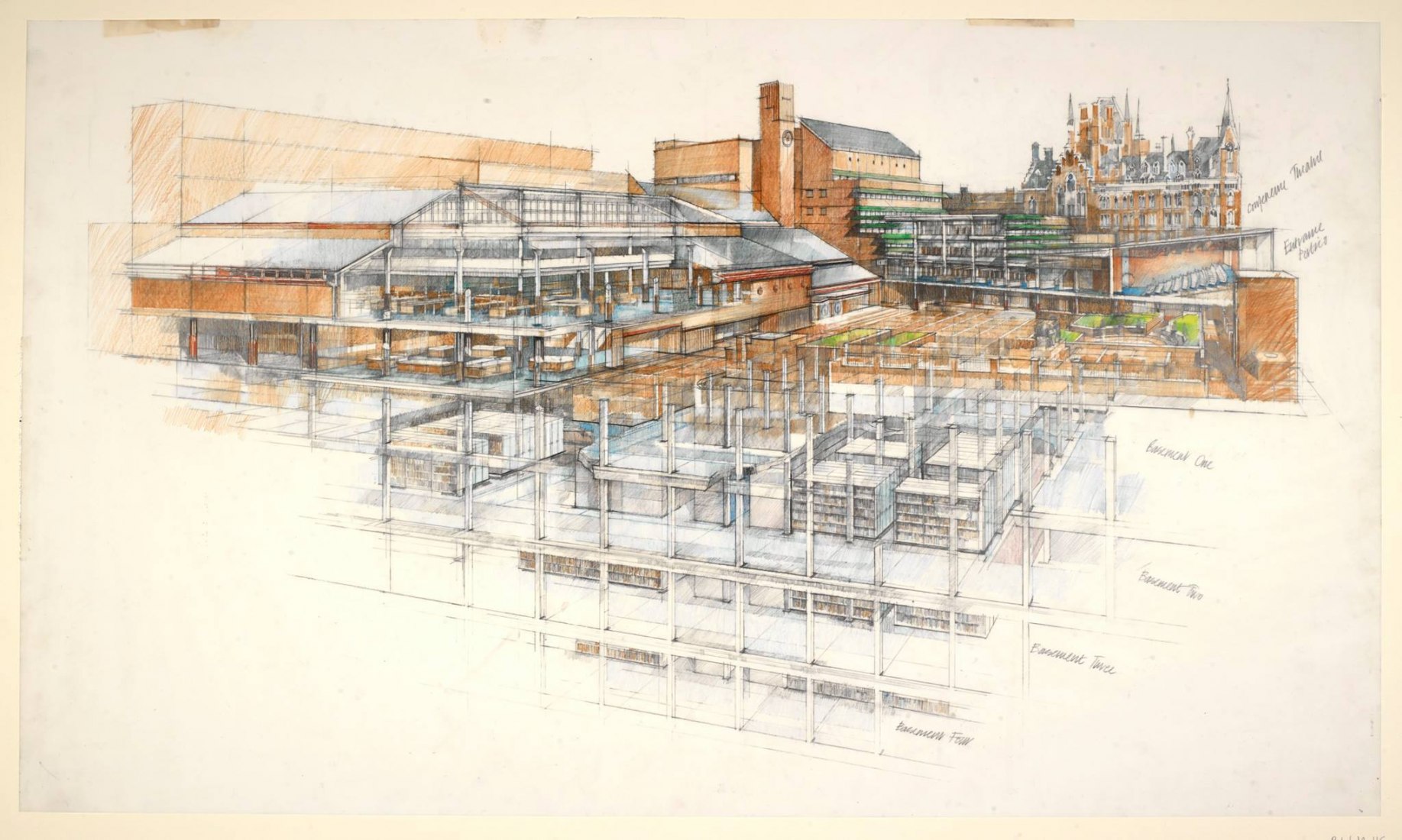 Dibujo del nuevo edificio de la calle Ossulston por Sir Colin St John Wilson c.1991. BLWA 105. Imagen cortesía de British Library
