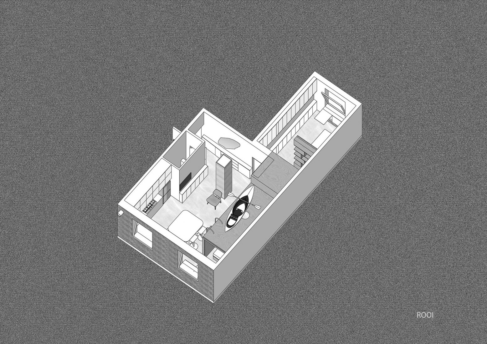 Axonometría. Apartamento de posguerra T101 por ROOI Design and Research.