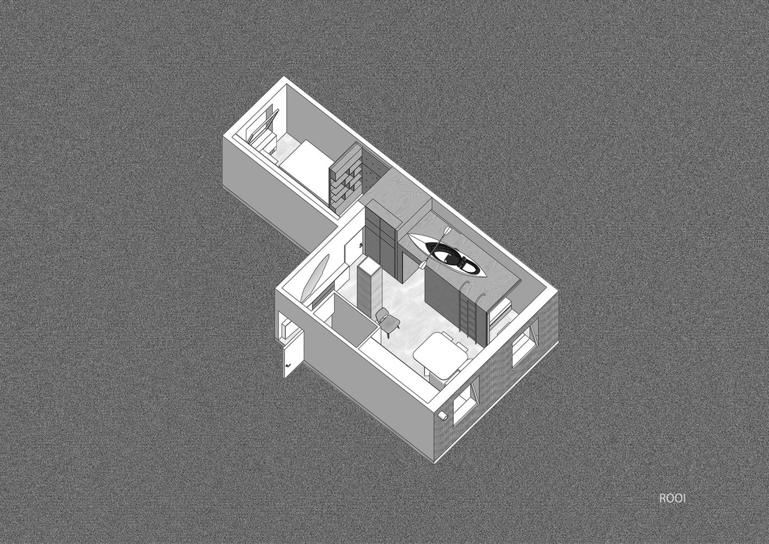 Axonometría. Apartamento de posguerra T101 por ROOI Design and Research.