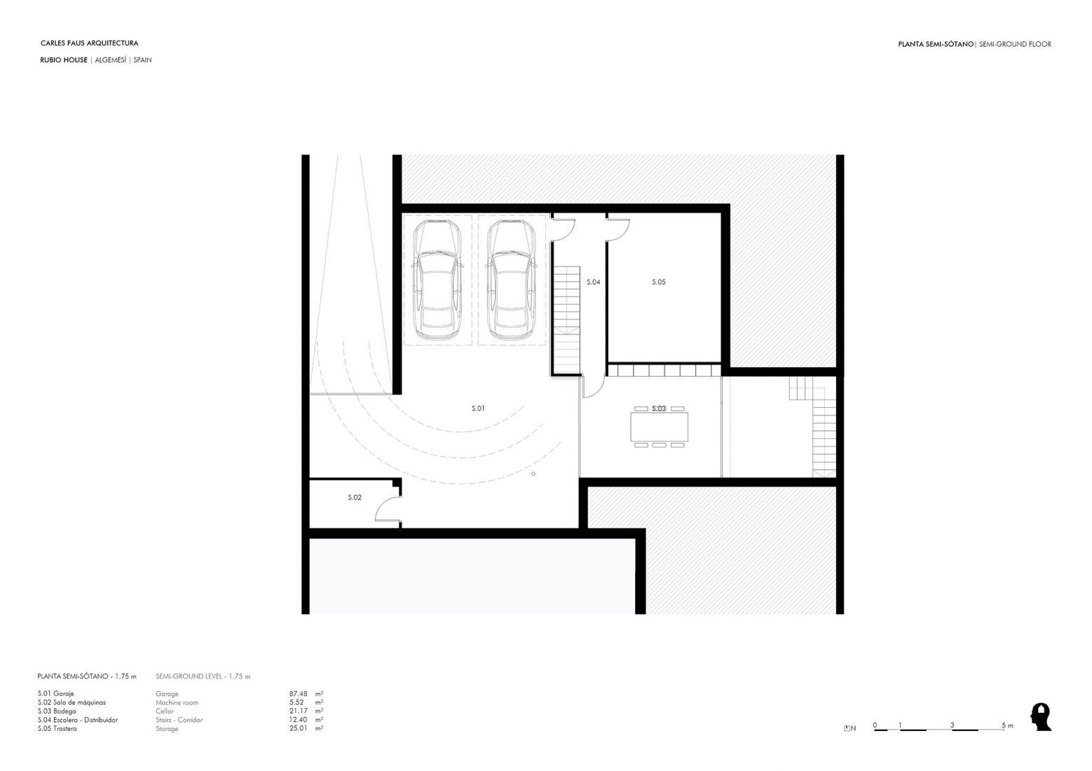 Plano planta semi-sotano. Rubio House por Carles Faus Arquitectura.