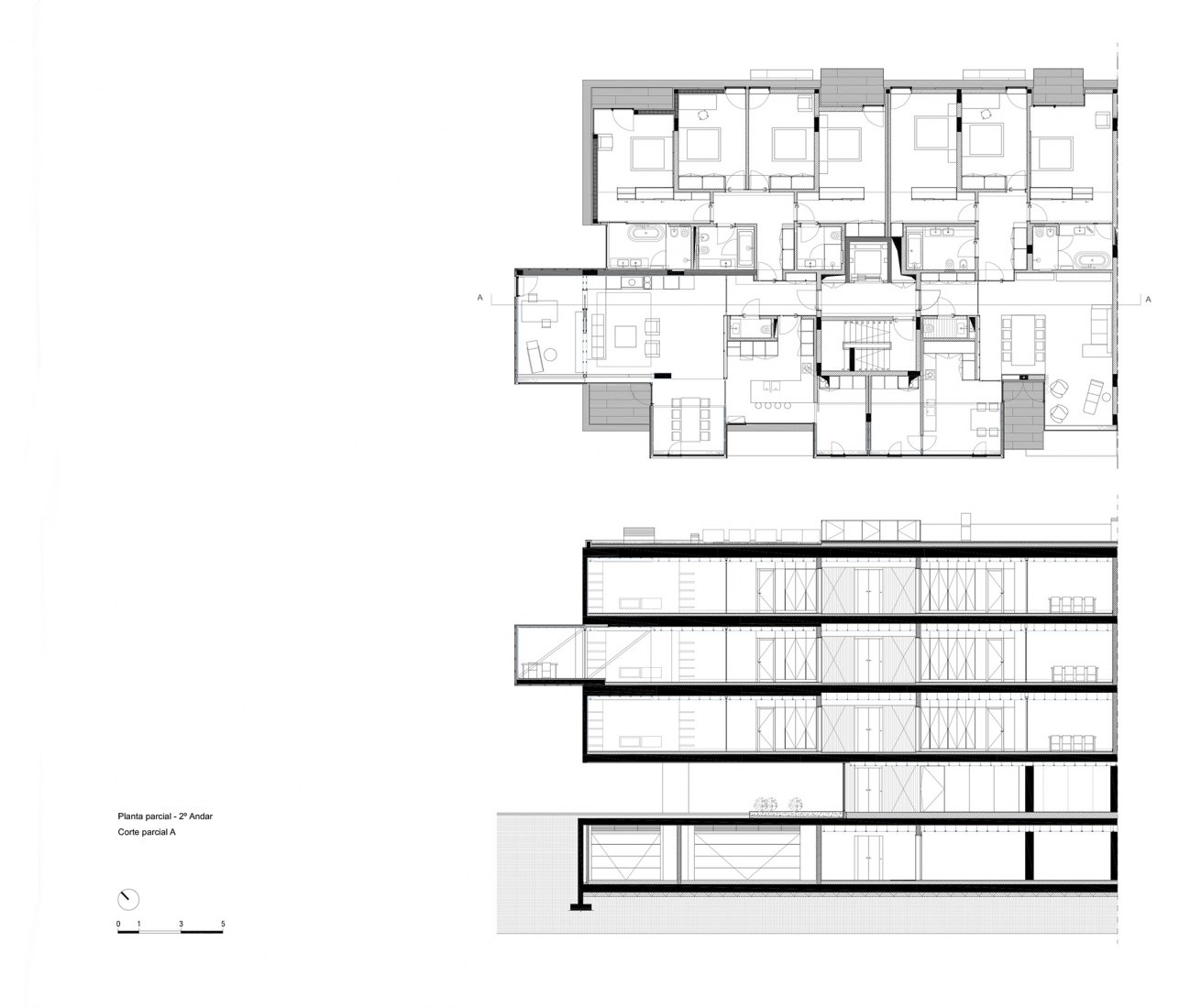 Section + Partial floor plan. ORIZZONT Building by Rvdm Arquitectos.