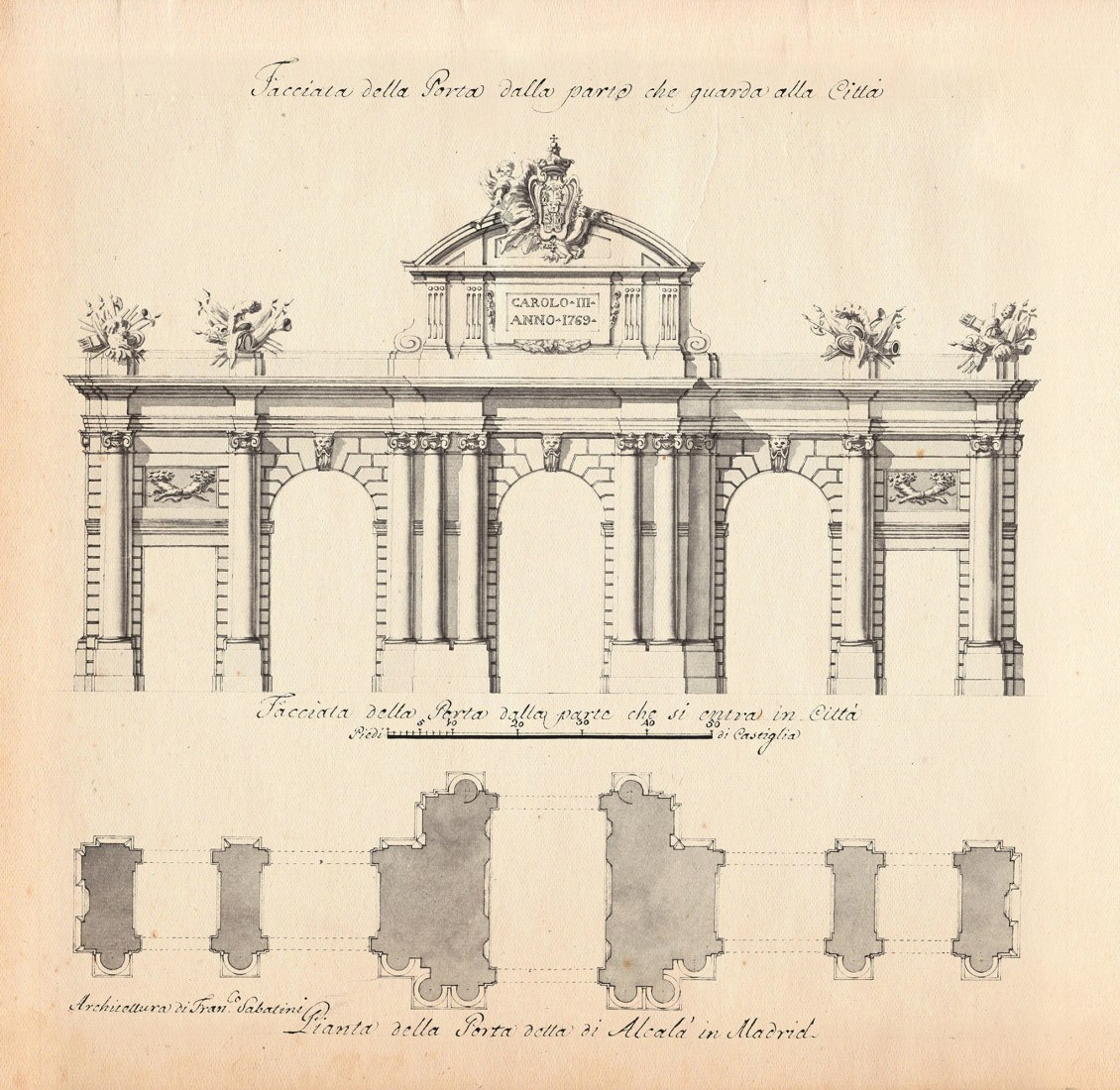 Francisco Sabatini. Elevation and floor plan of Puerta de Alcalá, 1769 – 1778. Patrimonio Nacional, Archivo General de Palacio.