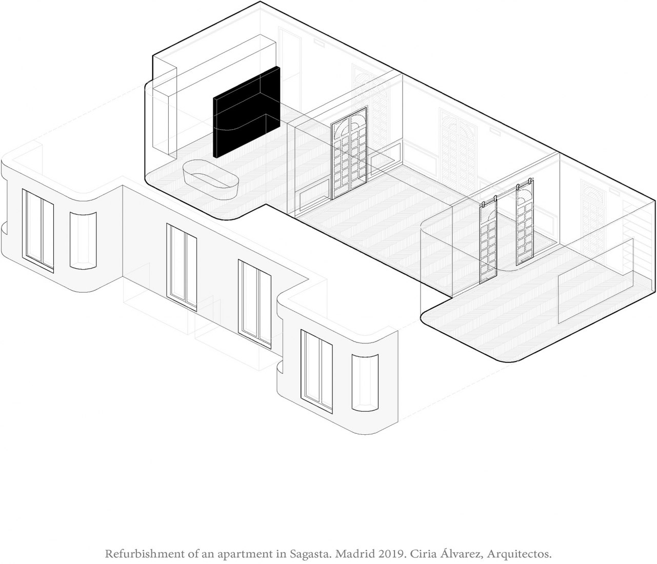Axonometry. Reform of a house in Sagasta by Ciria Álvarez Arquitectos.