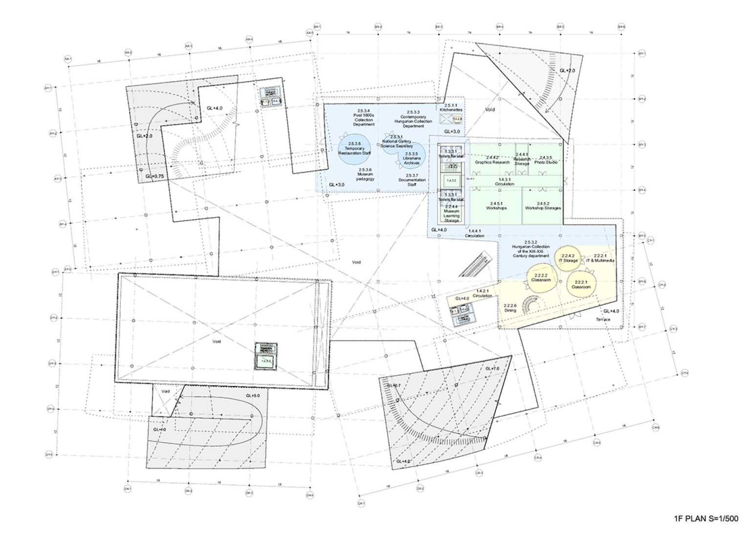 Planta primera. Propuesta por SANAA para la Nueva Galería Nacional/Museo Ludwig. Imagen cortesía de Liget Budapest Design Competition. 