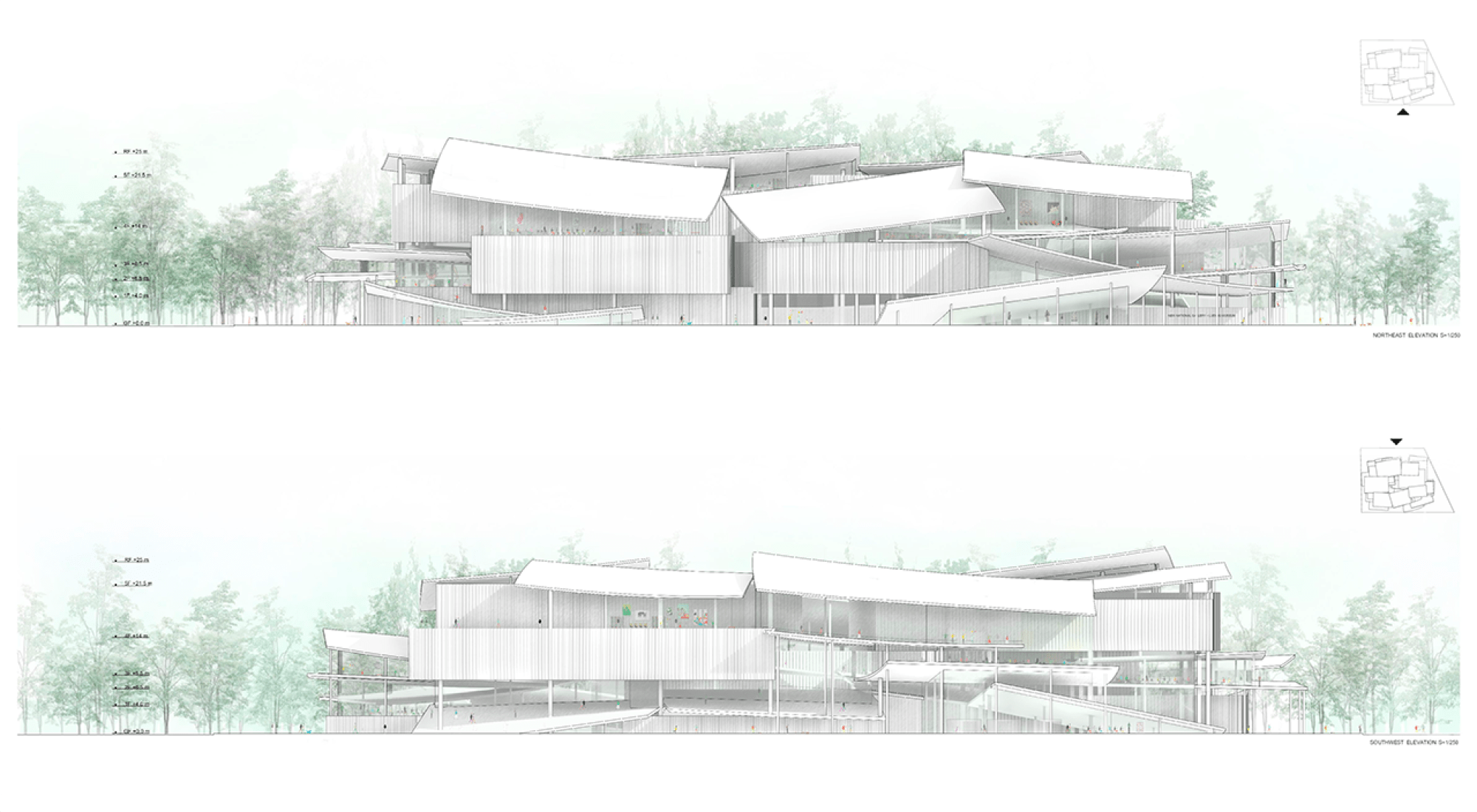 Alzados norteste y suroeste. Propuesta por SANAA para la Nueva Galería Nacional/Museo Ludwig. Imagen cortesía de Liget Budapest Design Competition. 