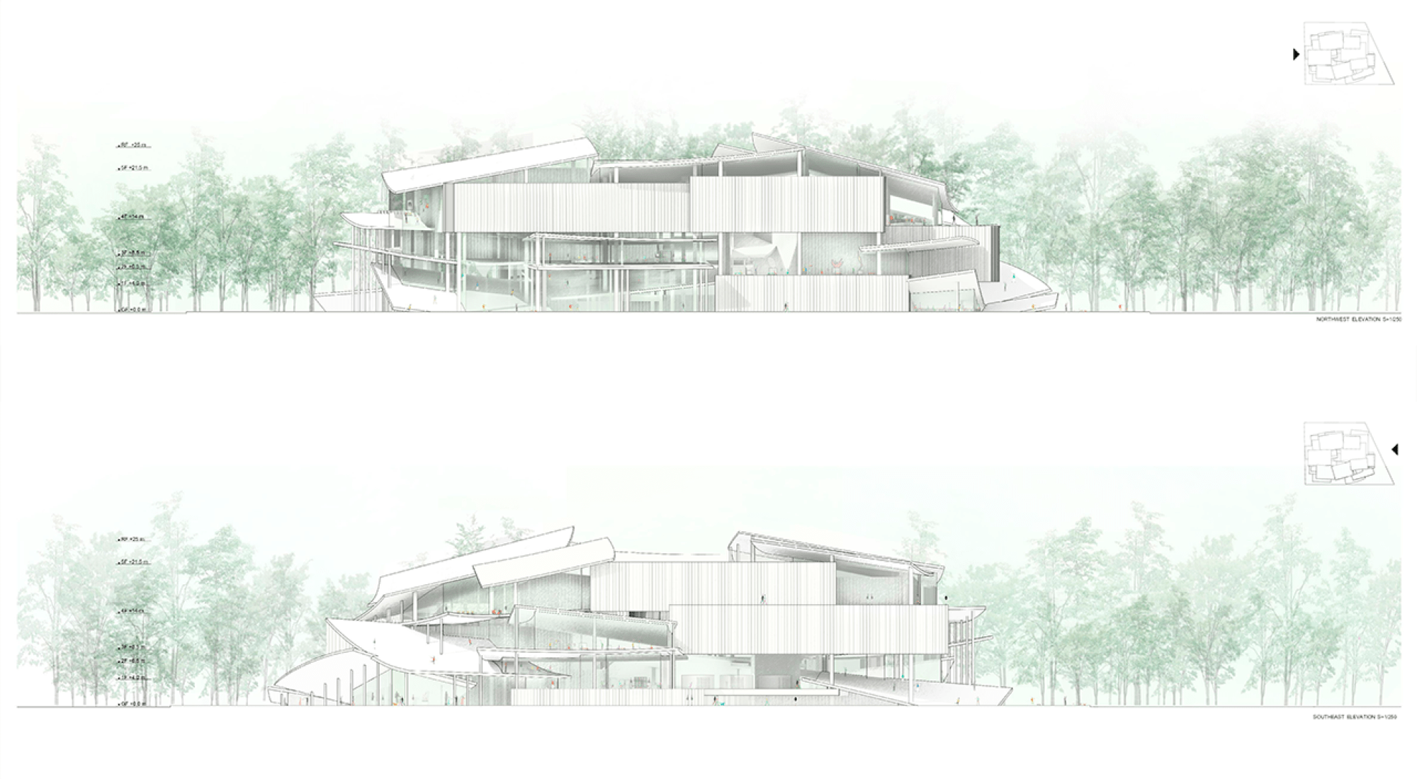 Alzados noroeste y sudeste. Propuesta por SANAA para la Nueva Galería Nacional/Museo Ludwig. Imagen cortesía de Liget Budapest Design Competition.