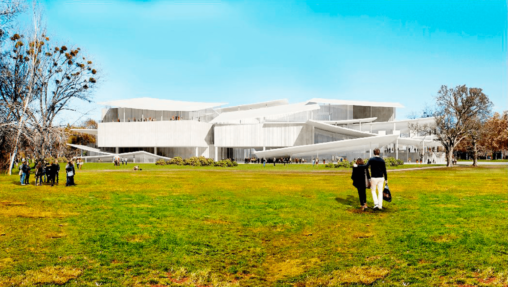 Vista exterior. Propuesta por SANAA para la Nueva Galería Nacional/Museo Ludwig. Imagen cortesía de Liget Budapest Design Competition. 