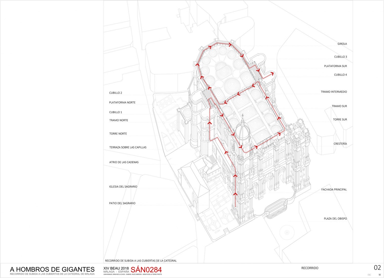 Axonometría de recorrido de visitantes. Acceso a las cubiertas de la Catedral de Málaga por Sánchez La Chica + de la Torre Prieto + Ruiz Cabrero.