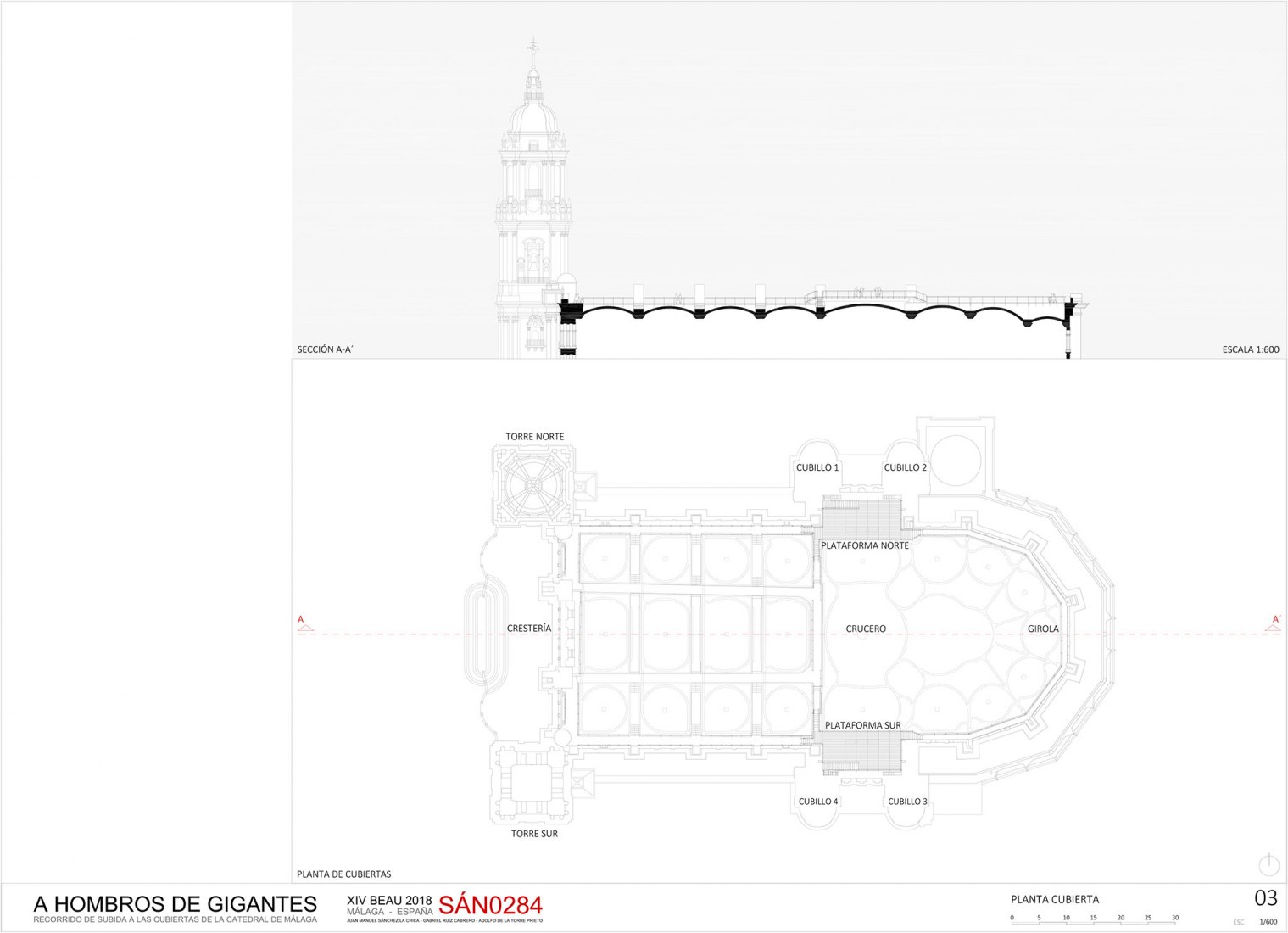Planta y sección. Acceso a las cubiertas de la Catedral de Málaga por Sánchez La Chica + de la Torre Prieto + Ruiz Cabrero.