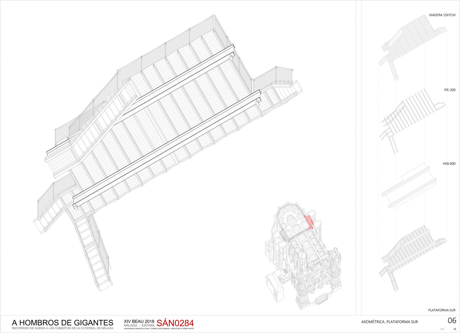 Plataforma sur. Axonometrías. Acceso a las cubiertas de la Catedral de Málaga por Sánchez La Chica + de la Torre Prieto + Ruiz Cabrero.