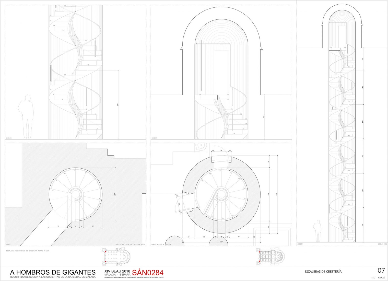 Escaleras. Plantas y secciones. Axonometrías. Acceso a las cubiertas de la Catedral de Málaga por Sánchez La Chica + de la Torre Prieto + Ruiz Cabrero.