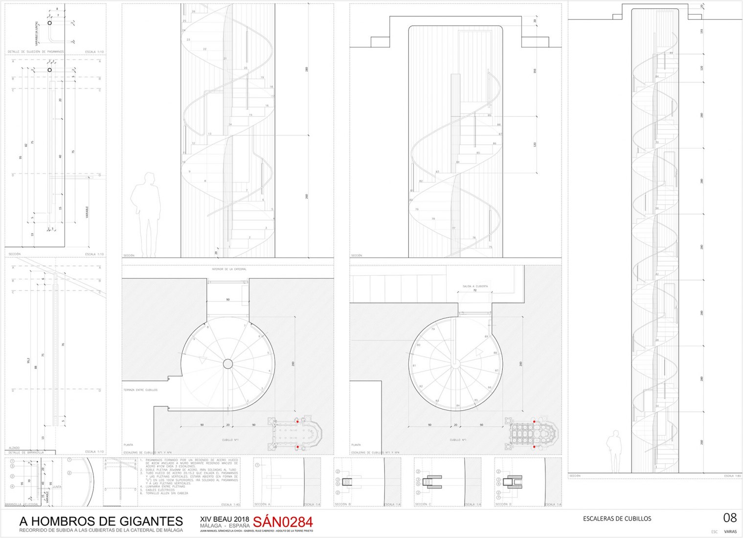Escaleras. Plantas y secciones. Axonometrías. Acceso a las cubiertas de la Catedral de Málaga por Sánchez La Chica + de la Torre Prieto + Ruiz Cabrero.