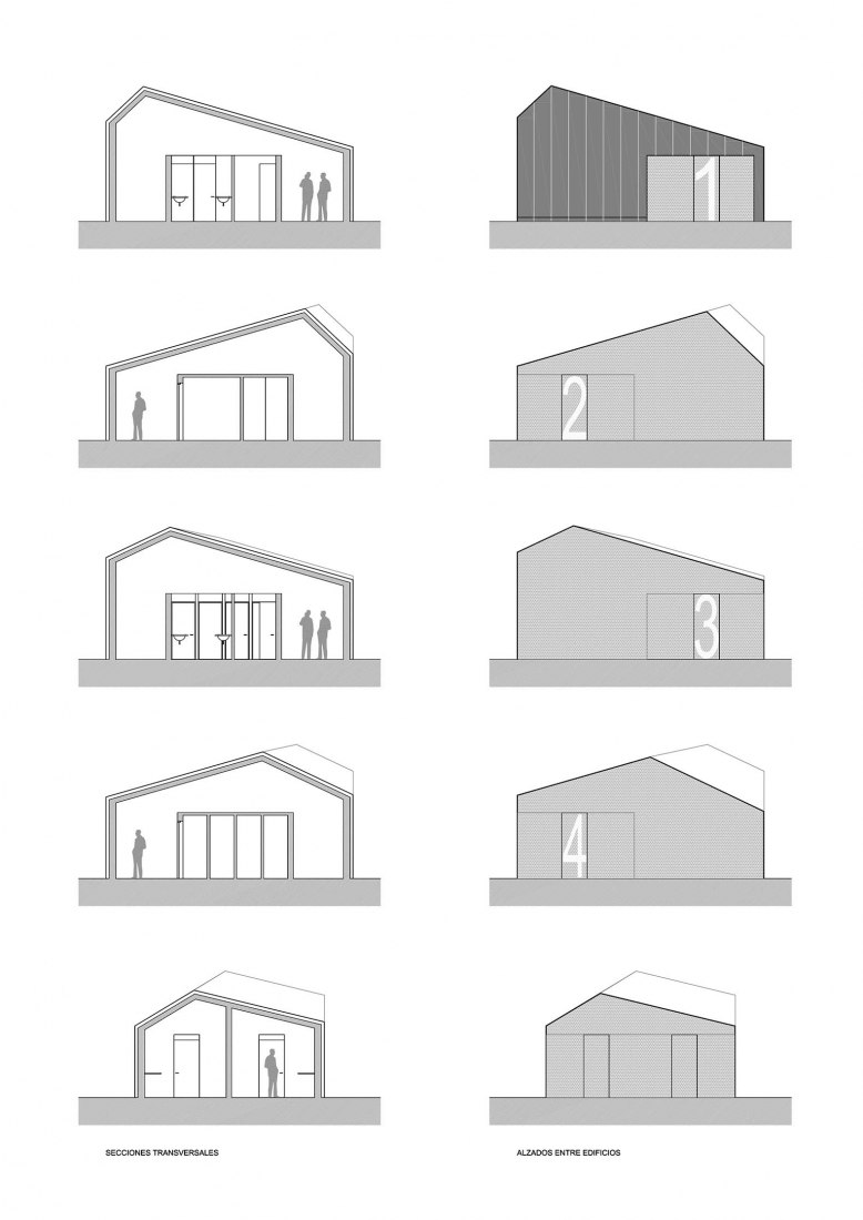 Cross sections and side elevations I. Campañó soccer field by Santos y Mera Arquitectos.