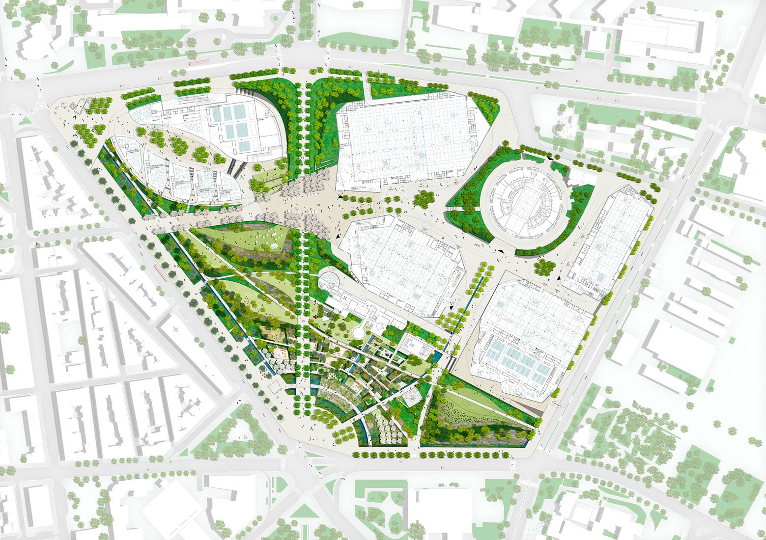 Landscape Site plan. ConfEx Park by Sauerbruch Hutton, Gustafson Porter + Bowman, Stavropoulou Architects
