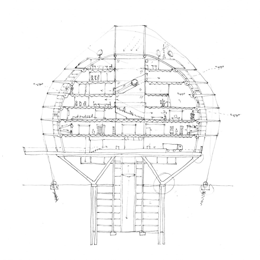 Sketch section. Urban Droneport by Saúl Ajuria Fernández