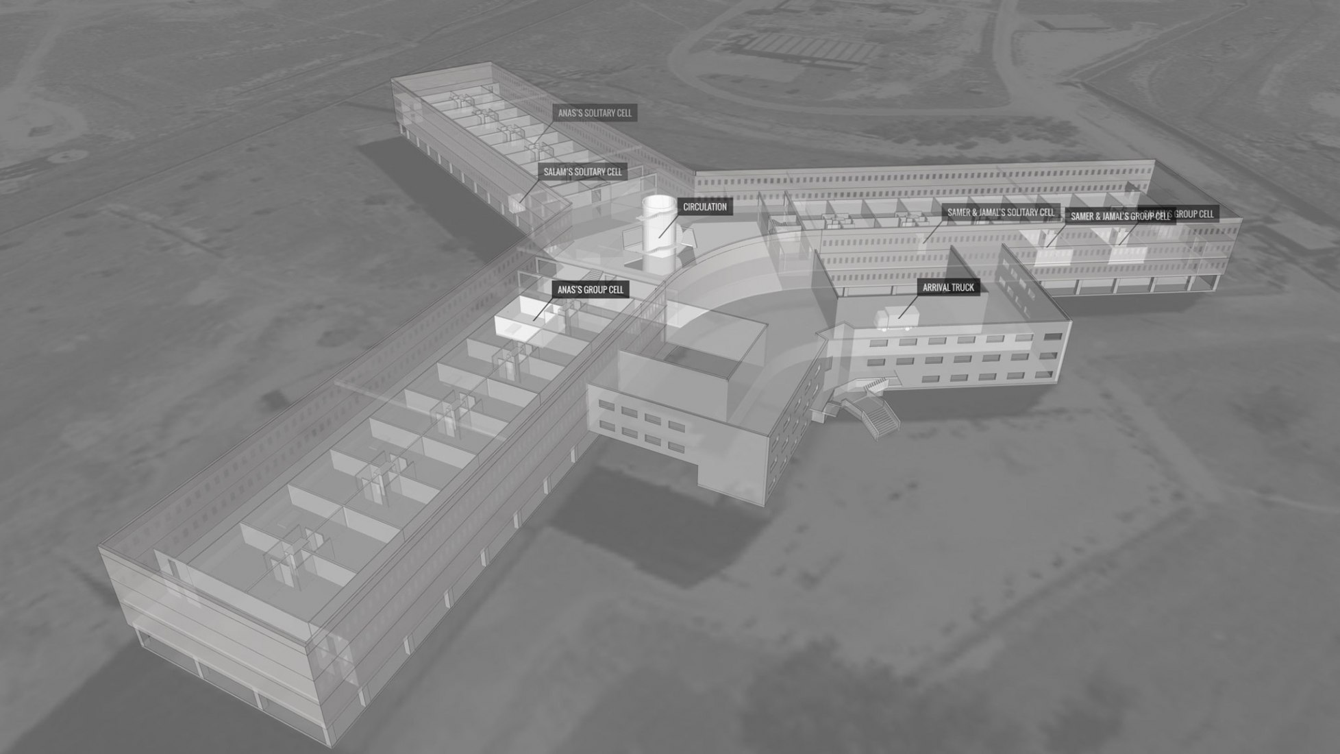 Saydnaya prison, as reconstructed by Forensic Architecture using architectural and acoustic  modelling. Image by Forensic Architecture. Image courtesy of Tate