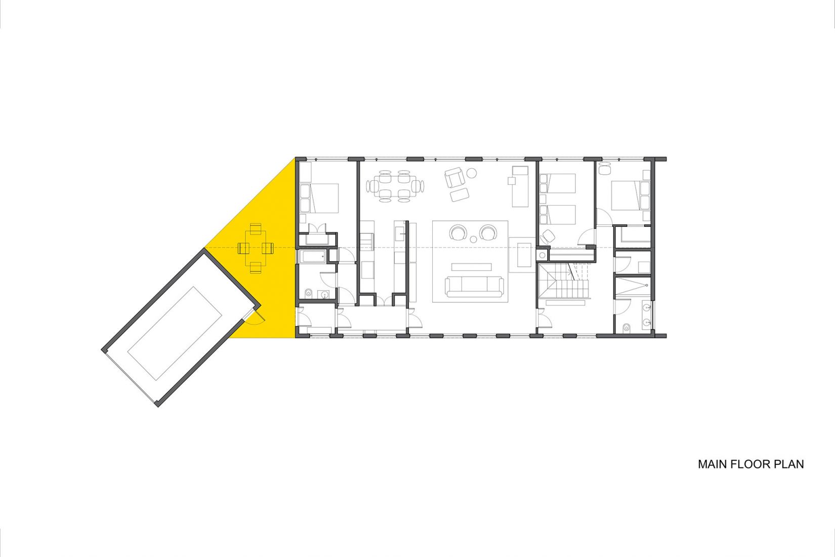 Main floor plan. Oblong Farm by Scalar Architecture.