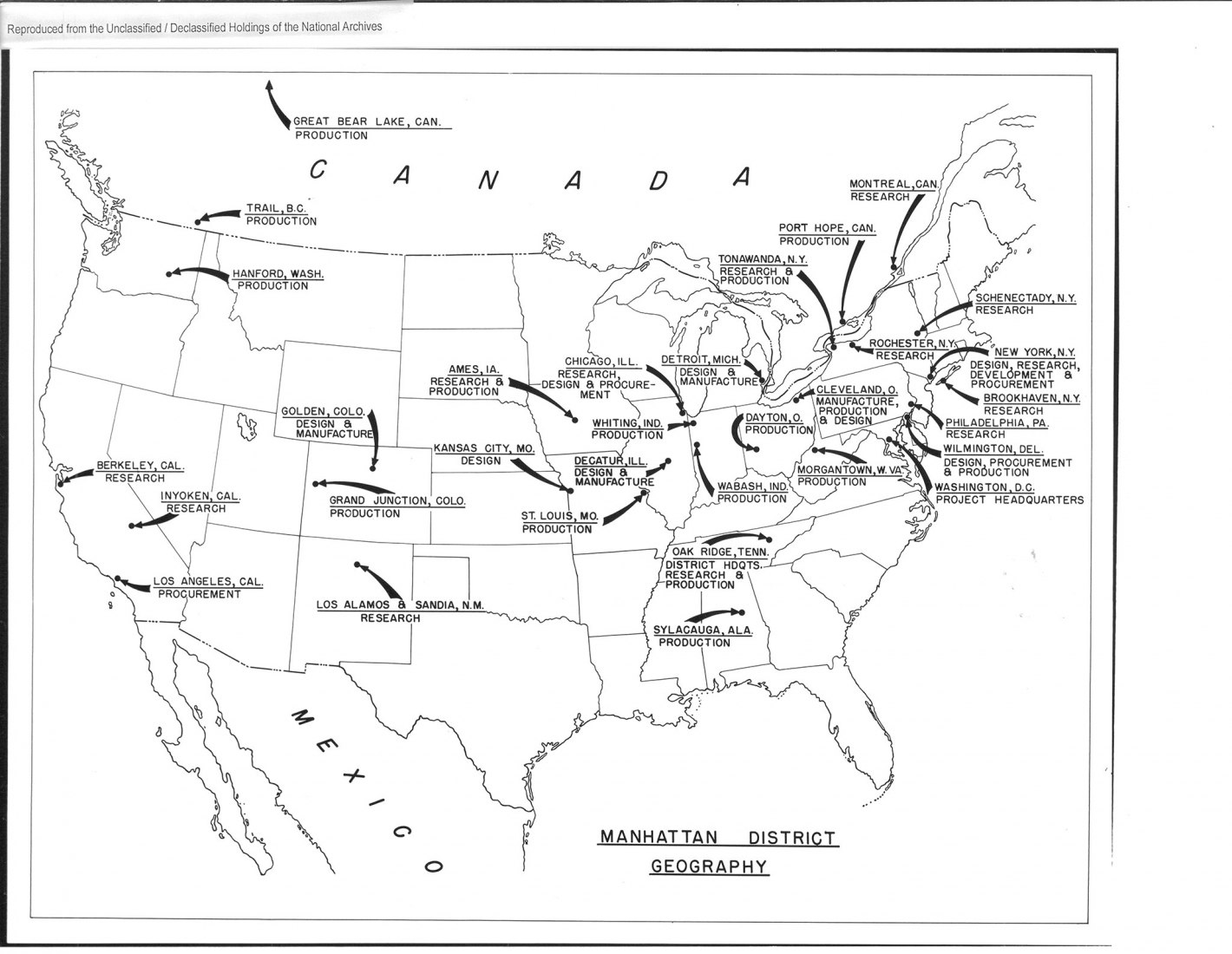 Map of the United States, showing key Manhattan Project sites. The Manhattan Project led to the construction of three entirely new cities from scratch: Oak Ridge, TN; Hanford/Richland, WA; and Los Alamos, NM. Related work took place at numerous other sites across the country and even in Canada. Courtesy of National Archives and Records Administration