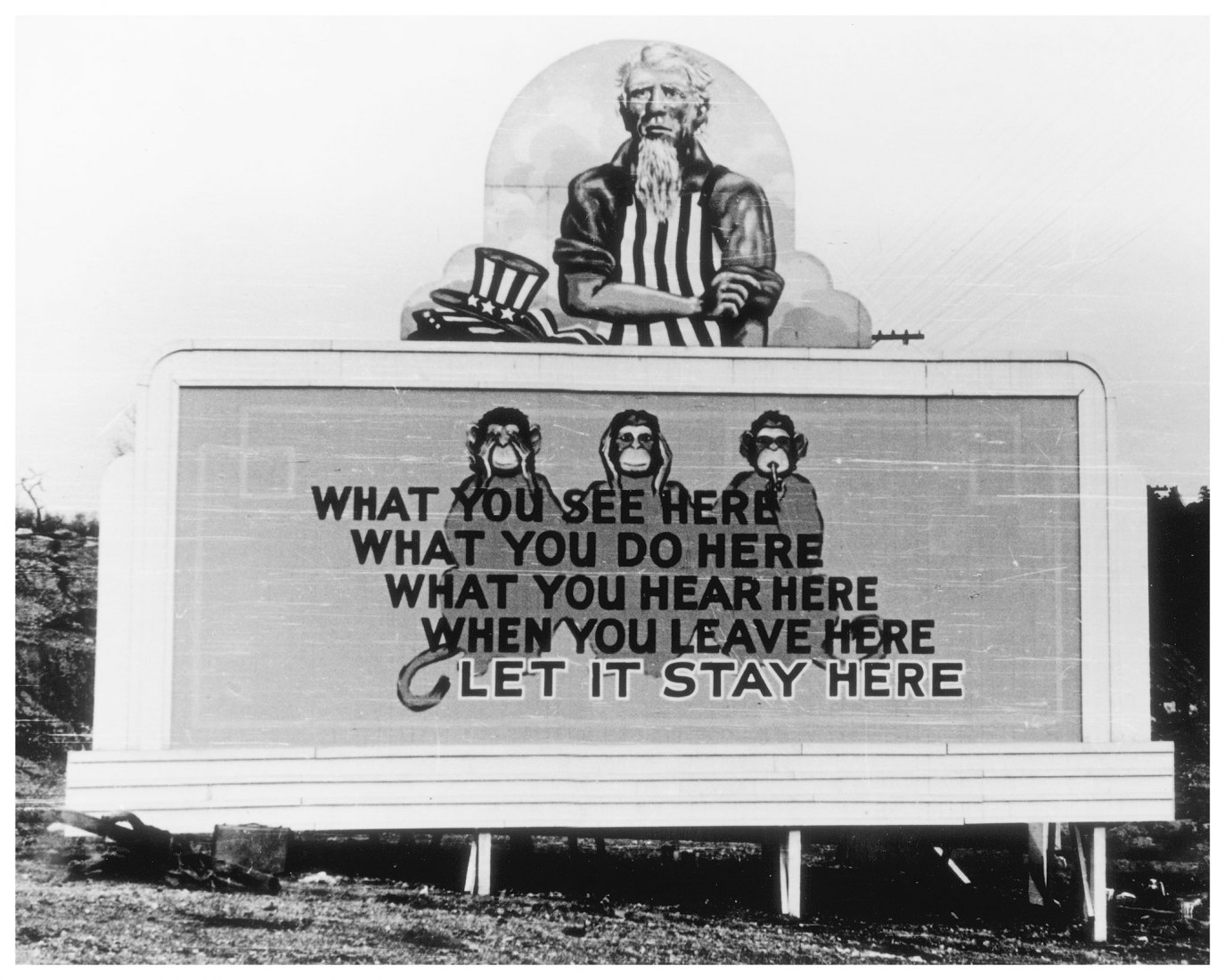 Billboard in Oak Ridge, 1943. Signs such as this one reminded Manhattan Project participants to keep their work confidential. Courtesy of the U.S. Department of Energy and the Oak Ridge Public Library