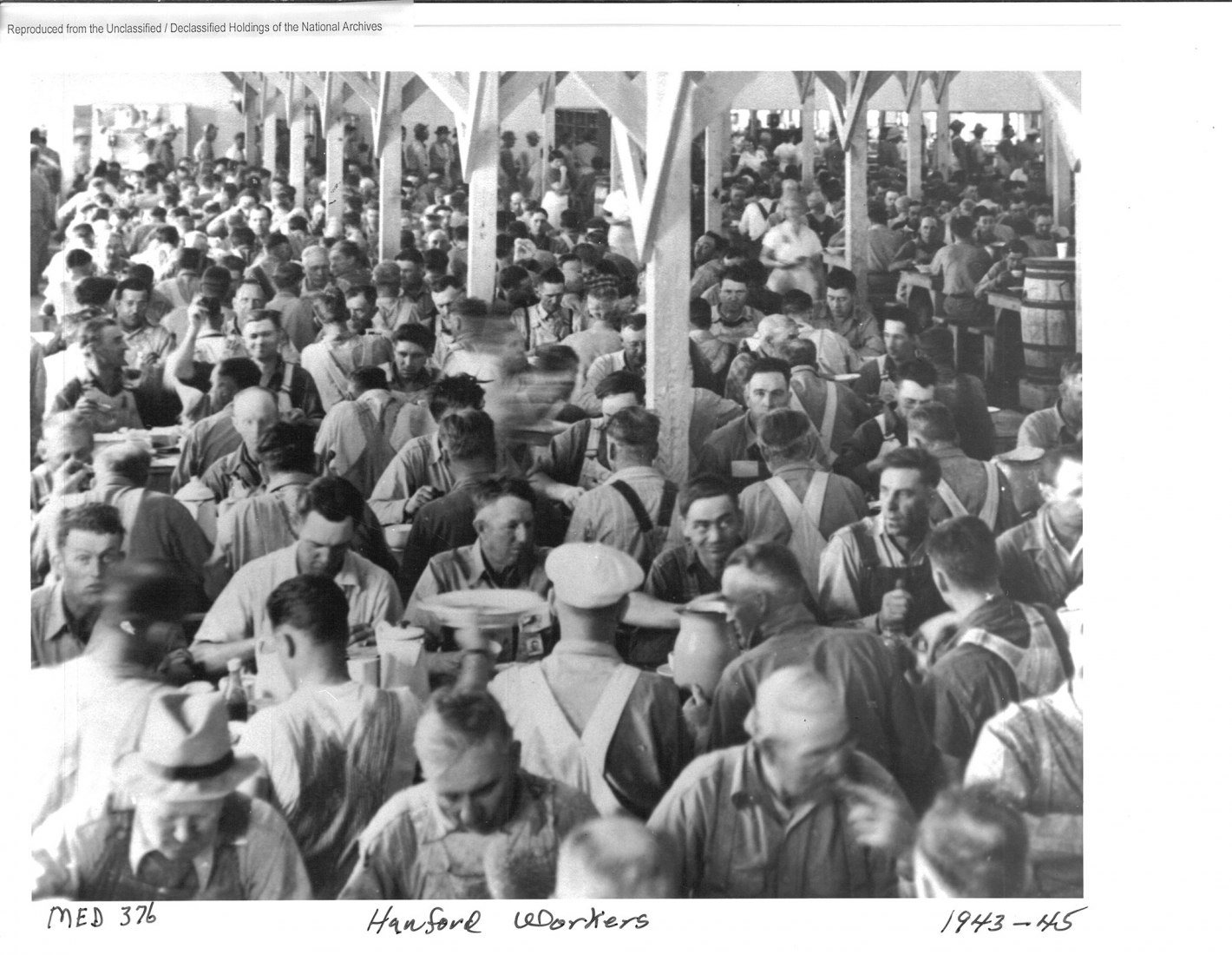 Mess Hall, Hanford Construction Camp, ca. 1943-45. The mess halls at Hanford served thousands of workers at once, with rapid turnover. National Archives and Records Administration