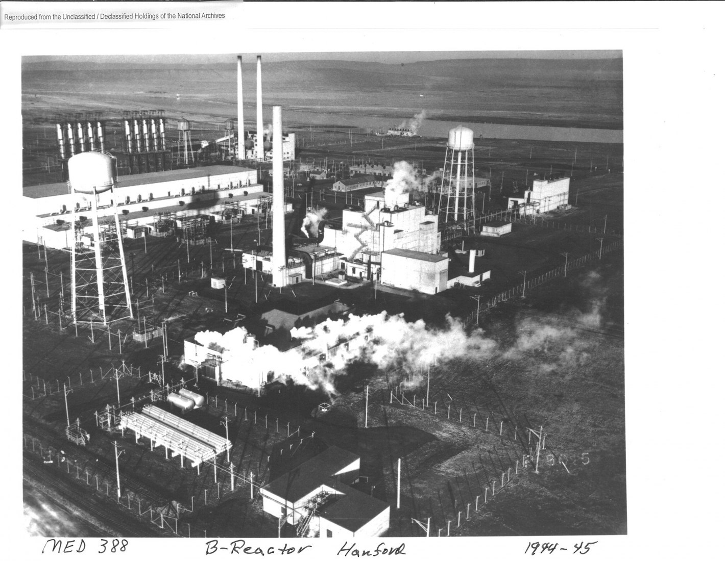 B Reactor, Hanford, ca. 1944-45. The B Reactor at Hanford was the world’s first large-scale nuclear reactor. It produced plutonium for the device tested at the Trinity site in New Mexico on July 16, 1945, and for the bomb that was dropped on Nagasaki, Japan, on August 9, 1945. The B Reactor was permanently shut down in 1968, and is now being converted into a museum. Courtesy of National Archives and Records Administration
