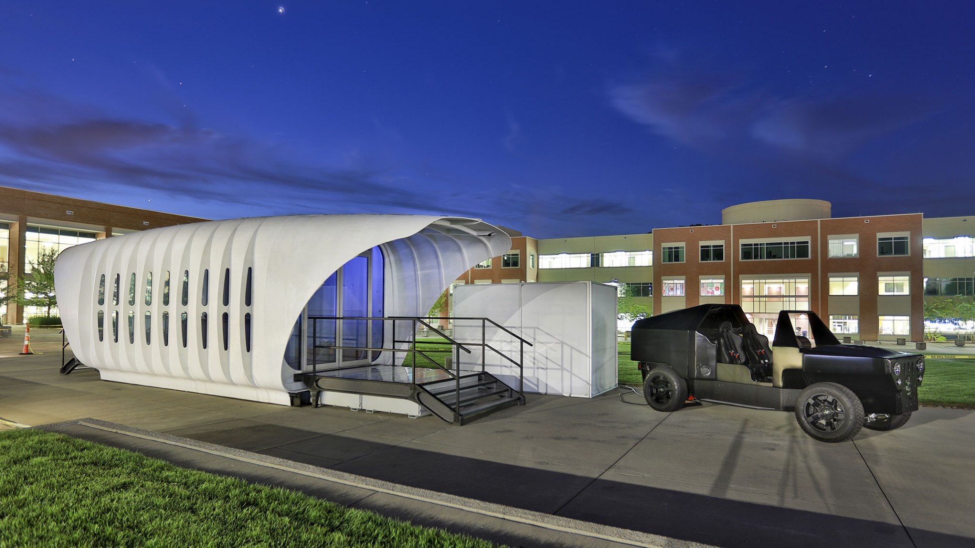 Additive Manufacturing Integrated Energy (AMIE) prototype, 2015. Today, all three Secret Cities remain important centers of scientific research and development, much of it unrelated to nuclear weapons or even nuclear energy. Shown here is an experimental, 3D-printed structure with integrated solar energy apparatus. The structure was the result of a joint initiative by the Oak Ridge National Laboratory and Skidmore, Owings & Merrill, coincidentally the same firm that designed Oak Ridge some 75 years ago. Cou