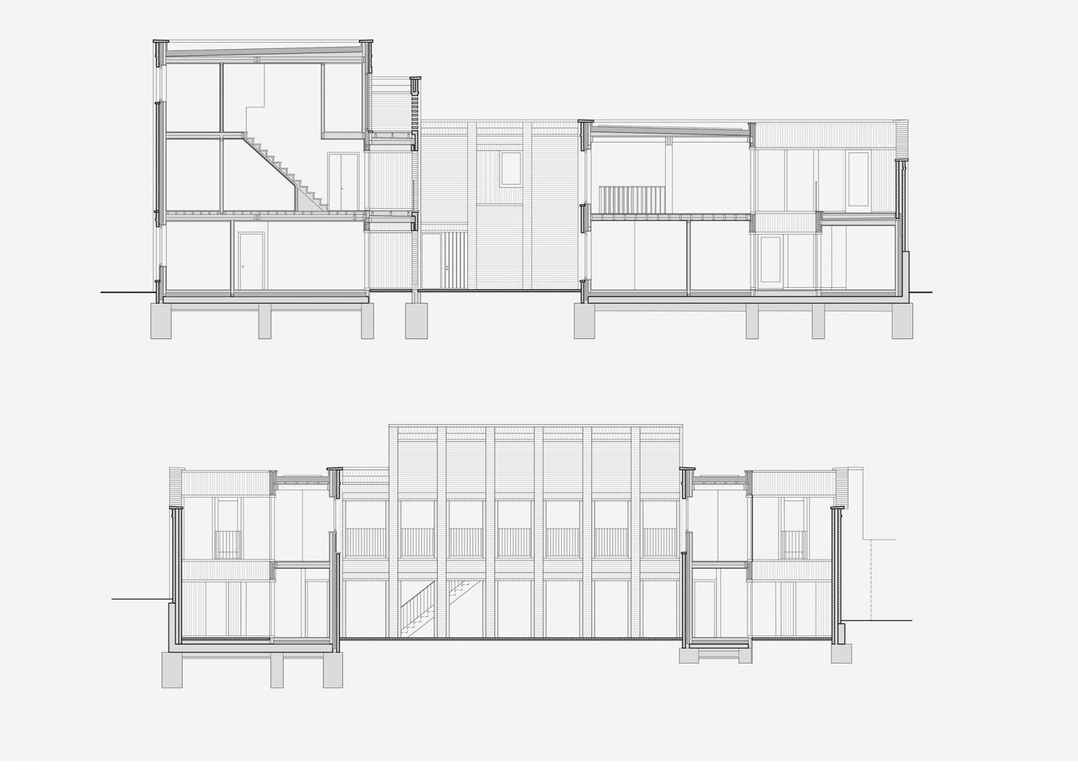 Sections. Courtyard housing by Sergison Bates architects LLP.