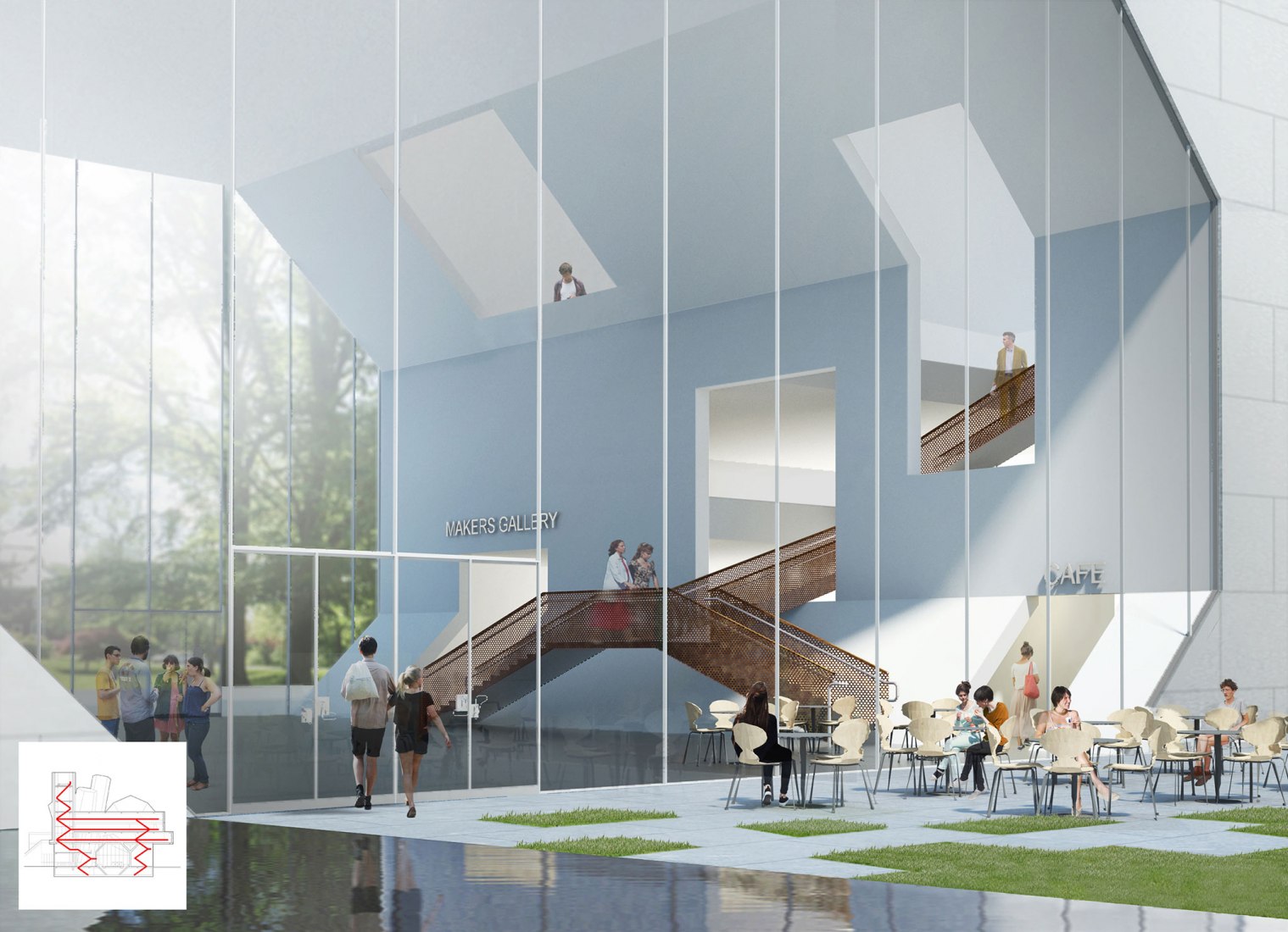 Vista interior. Futuro campus de la Universidad de Dublín por Steven Holl Architects. Visualización por Steven Holl Architects