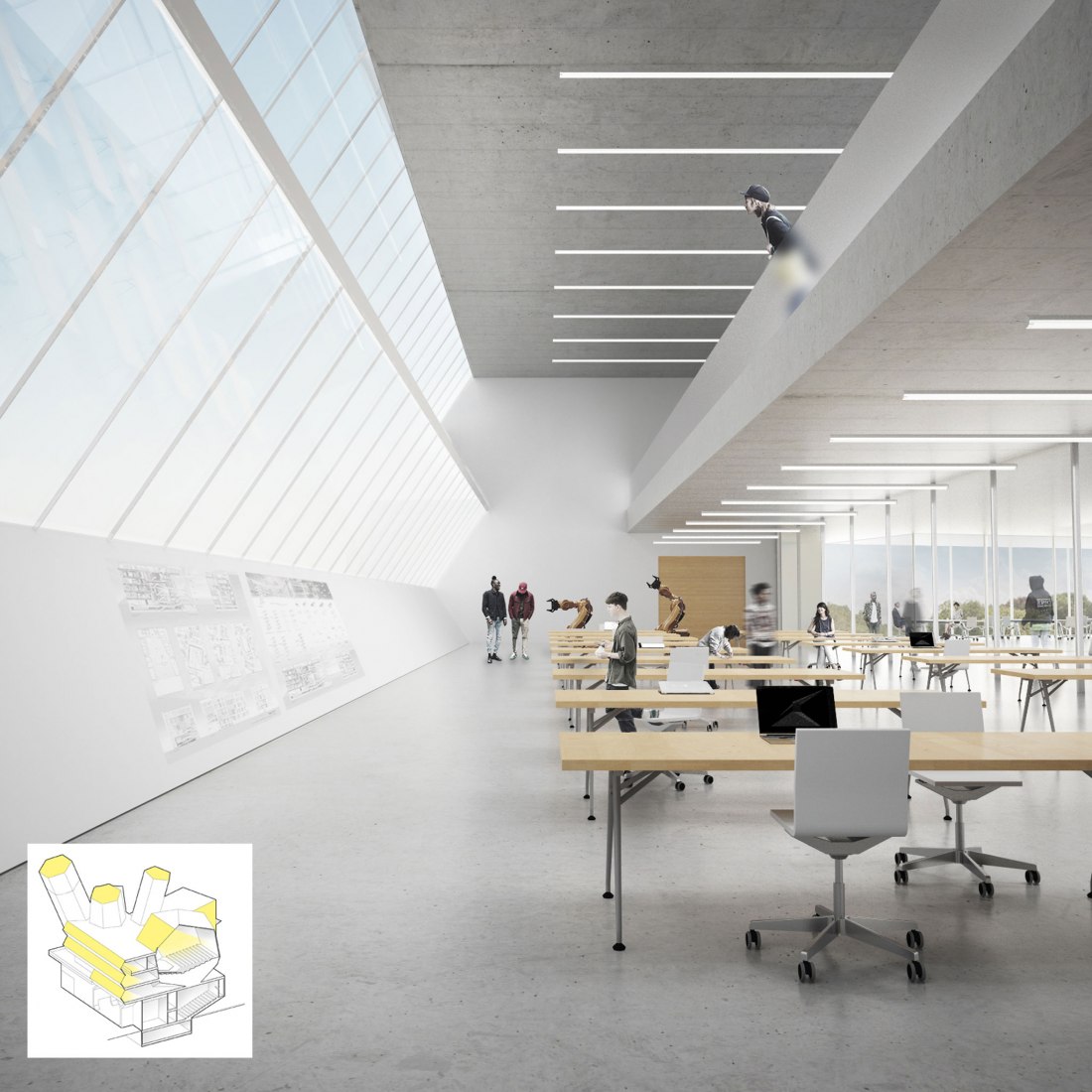 Vista interior. Futuro campus de la Universidad de Dublín por Steven Holl Architects. Visualización por Steven Holl Architects