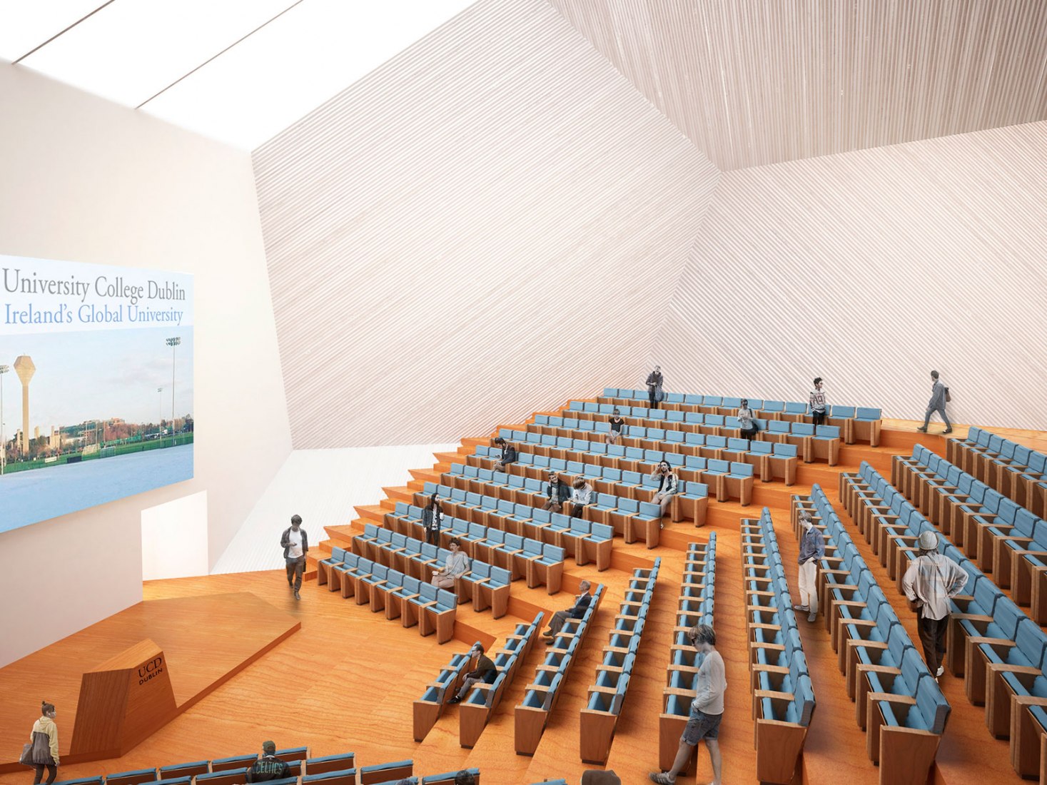 Vista interior. Futuro campus de la Universidad de Dublín por Steven Holl Architects. Visualización por Steven Holl Architects