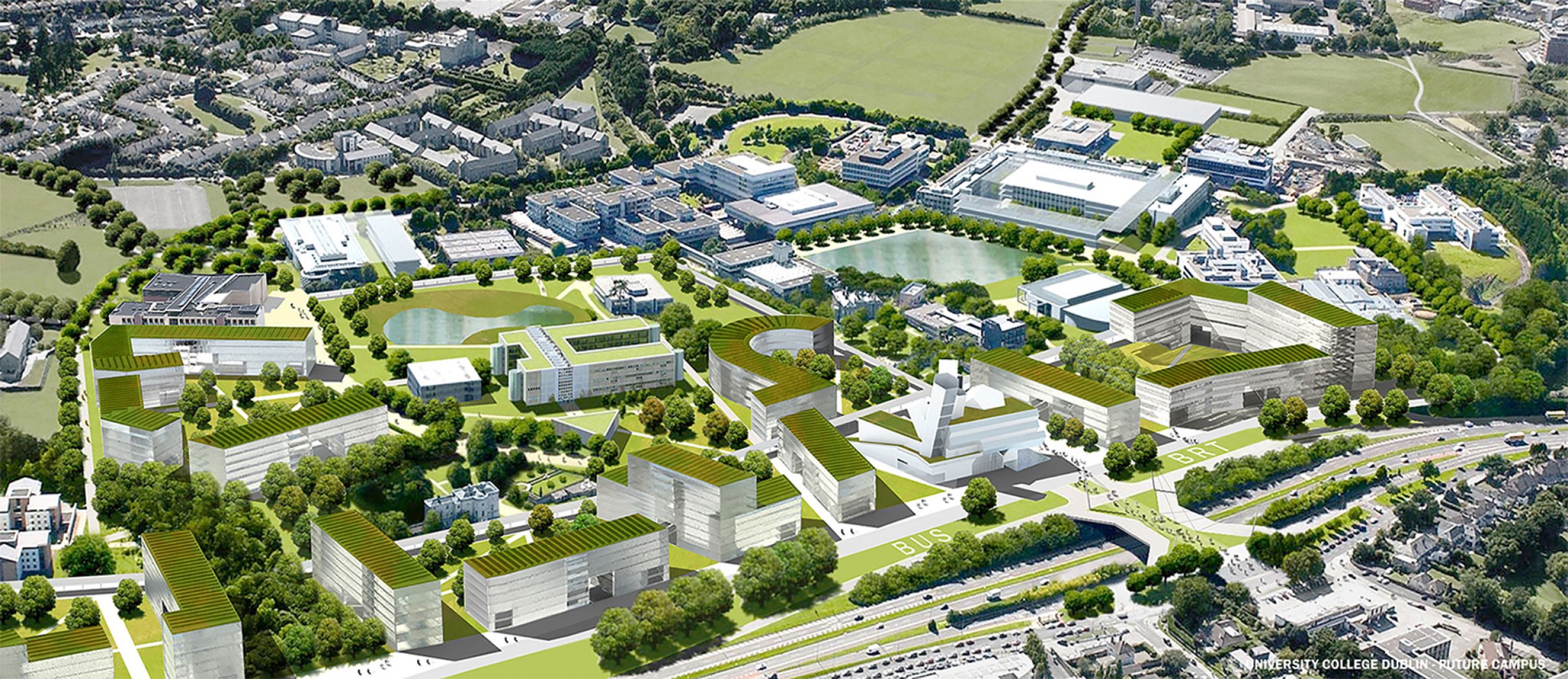 Vista general. Futuro campus de la Universidad de Dublín por Steven Holl Architects. Visualización por Steven Holl Architects