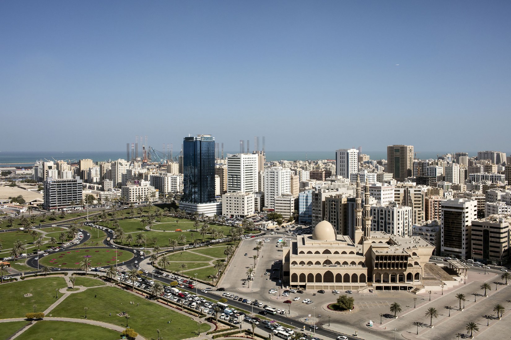 Aerial view of King Faisal Mosque and Al Itihad Park, Sharjah.Sharjah Architecture Triennial: the first international platform on architecture in the MENASA region. Photograph by Ieva Saudargaite