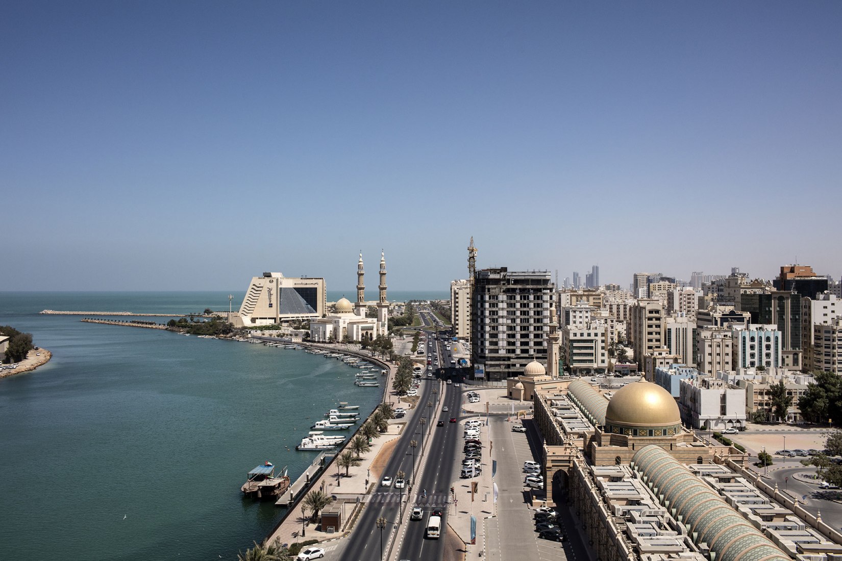 Aerial view of Corniche Street and Al Mujarrah neighborhood.Sharjah Architecture Triennial: the first international platform on architecture in the MENASA region.  Photograph by Ieva Saudargaite