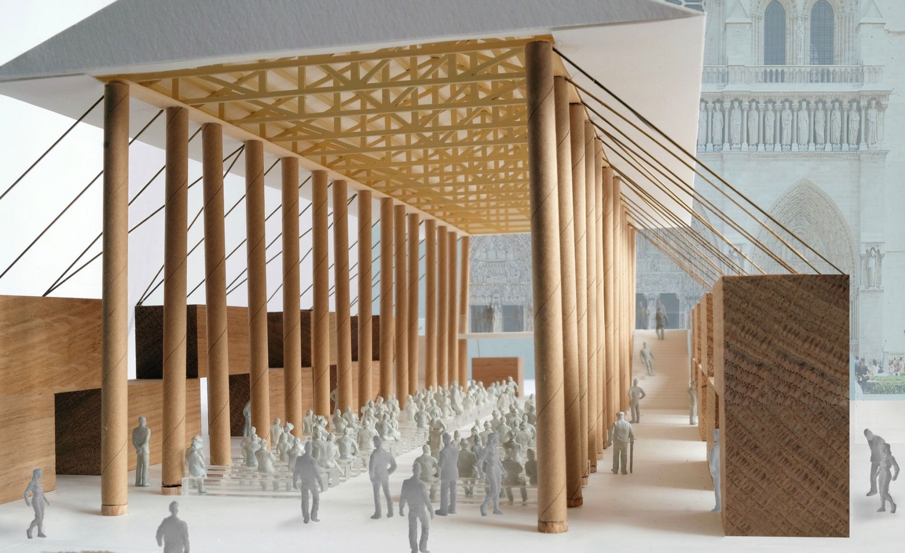 Detail, model. Temporary Notre-Dame Pavilion by Shigeru Ban Architects. Rendering by Shigeru Ban Architects