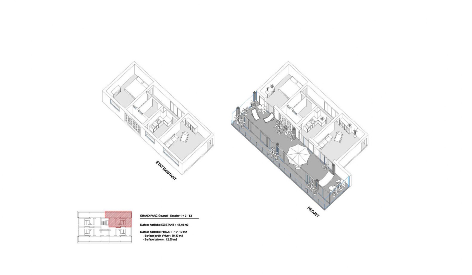 Diagrams, Extension of apartments. Transformation of 530 dwellings, block G, H, I, Bordeaux, by Lacaton & Vassal with Frédéric Druot and Christophe Hutin.