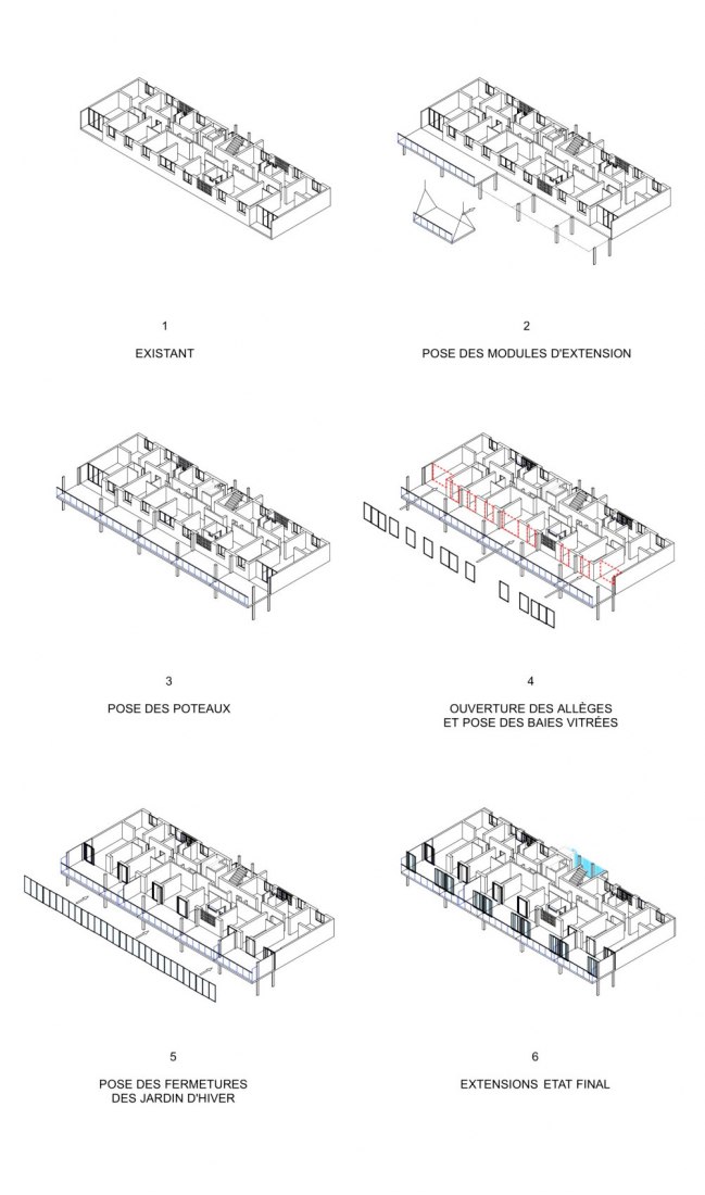 Extension way of apartments. Transformation of 530 dwellings, block G, H, I, Bordeaux, by Lacaton & Vassal with Frédéric Druot and Christophe Hutin.