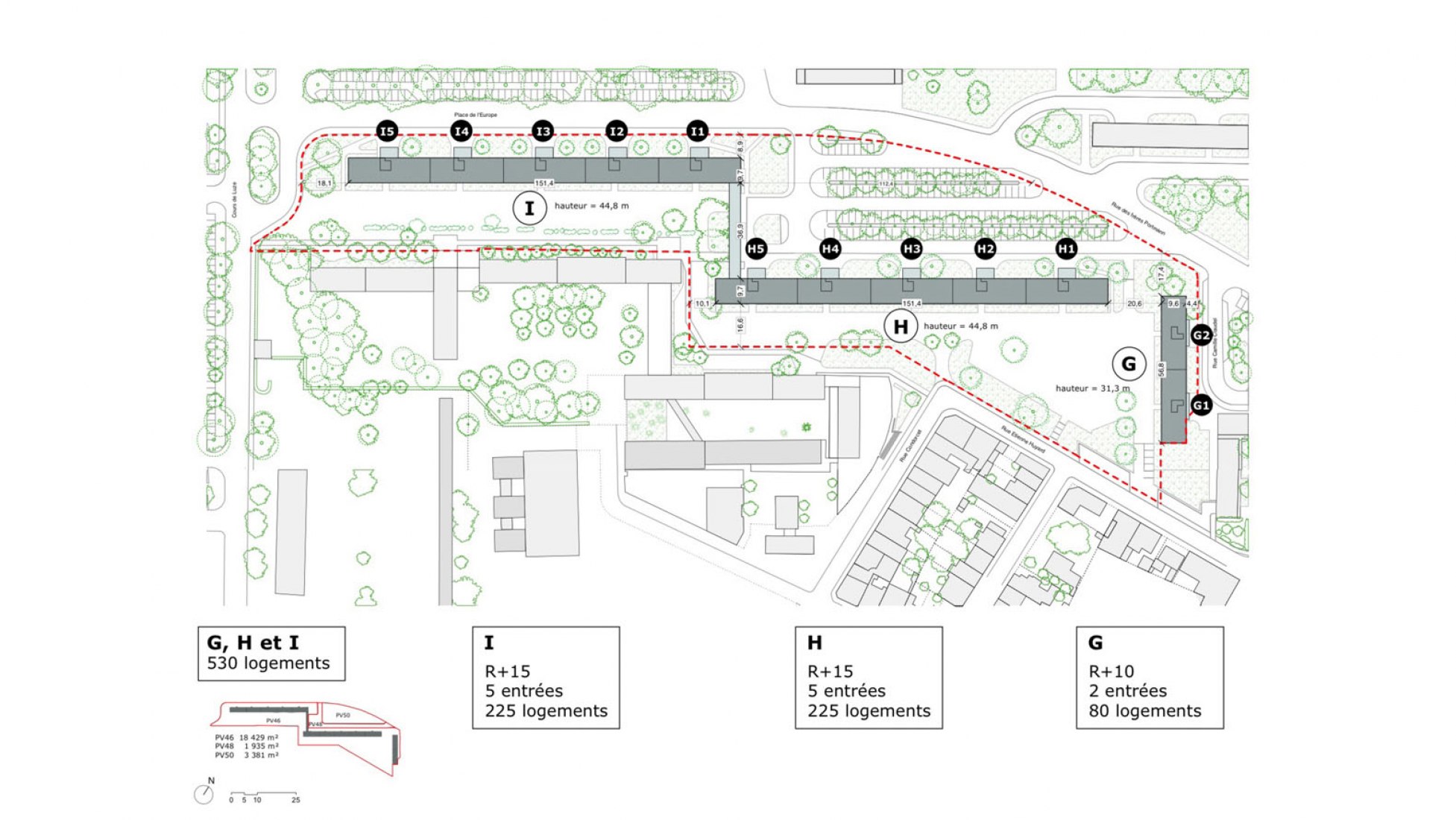 Site plan. Interior view. Transformation of 530 dwellings, block G, H, I, Bordeaux, by Lacaton & Vassal with Frédéric Druot and Christophe Hutin.