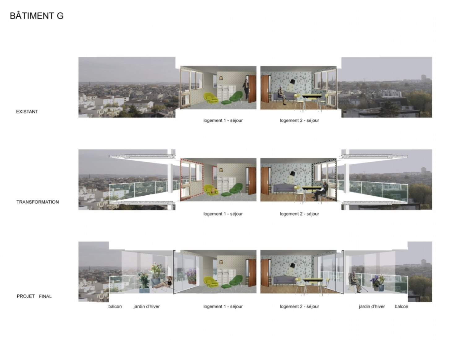 Extension of apartments. Interior view. Transformation of 530 dwellings, block G, H, I, Bordeaux, by Lacaton & Vassal with Frédéric Druot and Christophe Hutin.