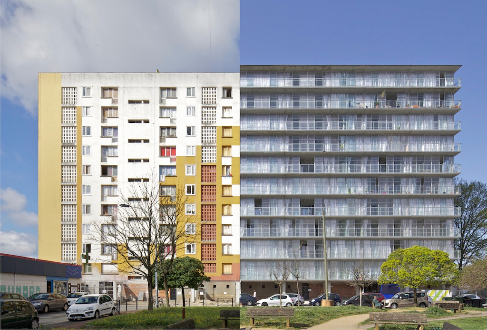 Before and after. Transformation of 530 dwellings, block G, H, I, Bordeaux, by Lacaton & Vassal with Frédéric Druot and Christophe Hutin.