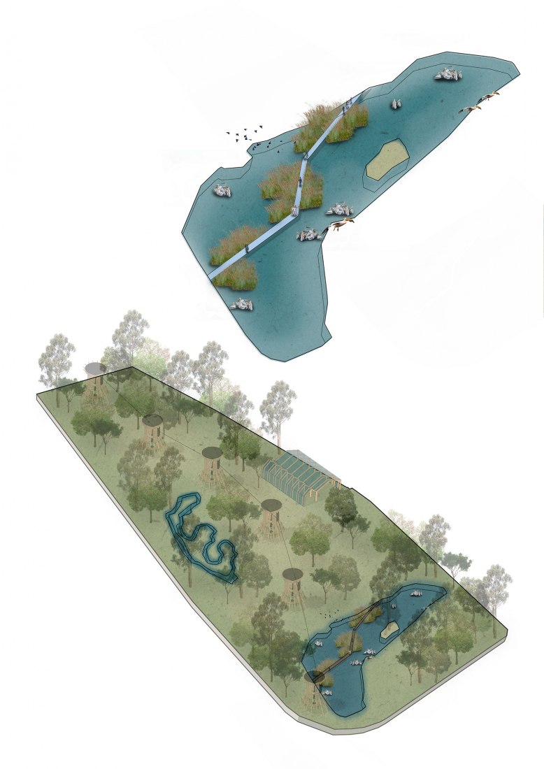 Axonométrica del sendero sobre el lago del proyecto para el «Parque ecológico Benito Juárez» por Sin Título Arquitectura.