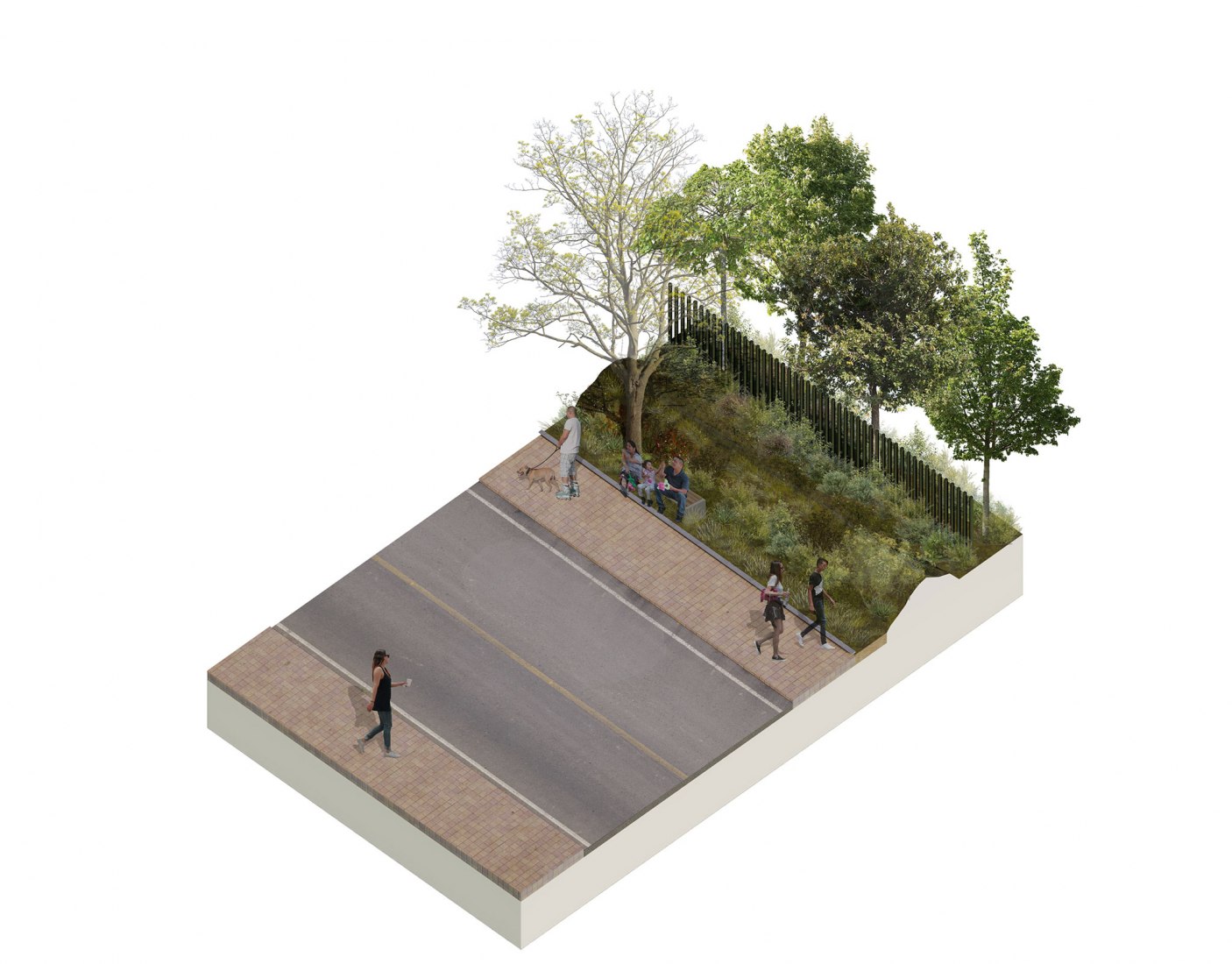 Axonométrica de los bordes del proyecto para el «Parque ecológico Benito Juárez» por Sin Título Arquitectura.