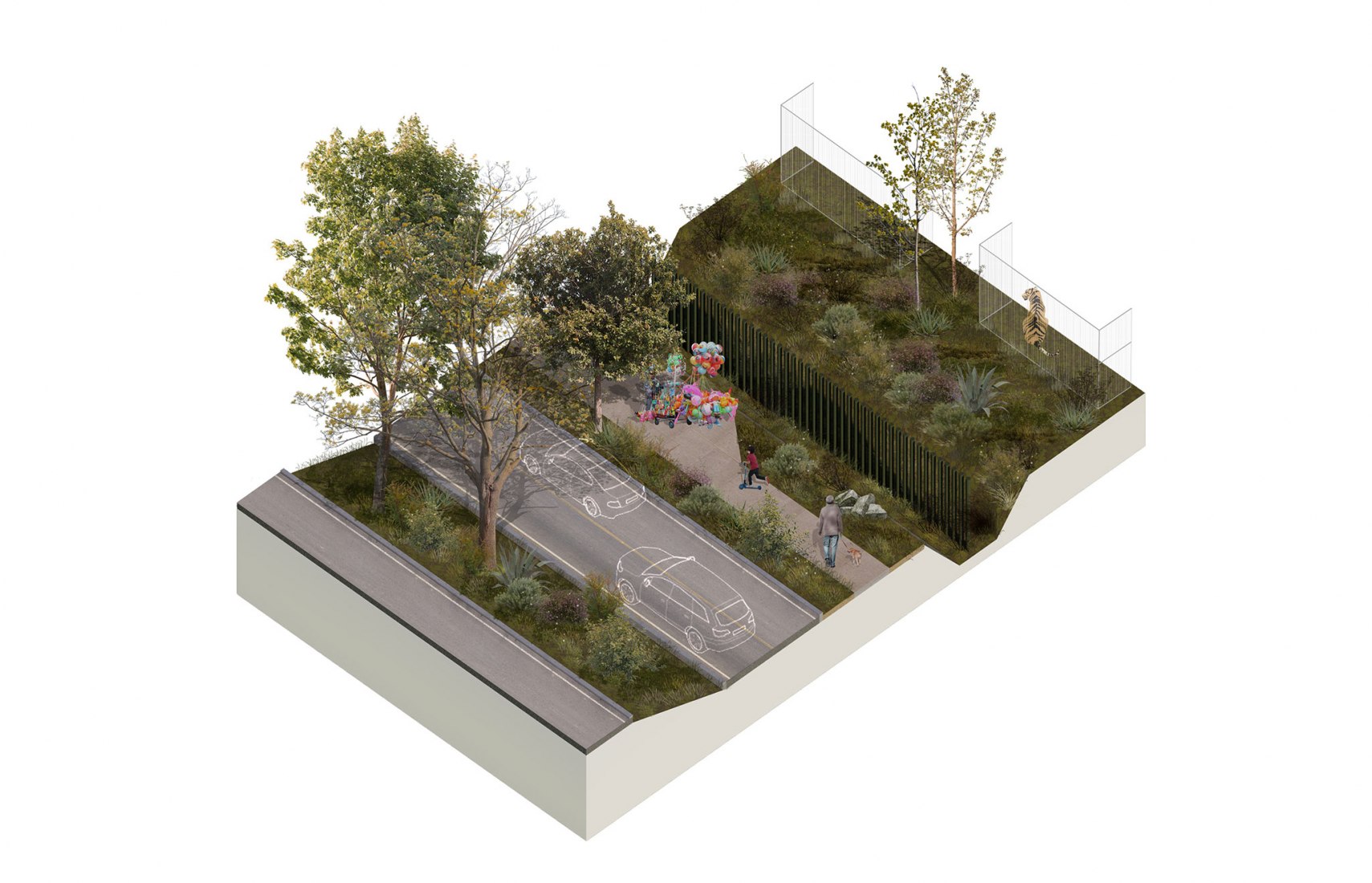 Axonométrica de los bordes del proyecto para el «Parque ecológico Benito Juárez» por Sin Título Arquitectura.