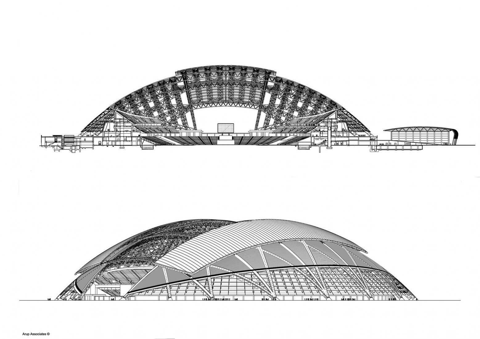 Alzado y sección. Estadio Nacional de Singapur por ARUP Associates.