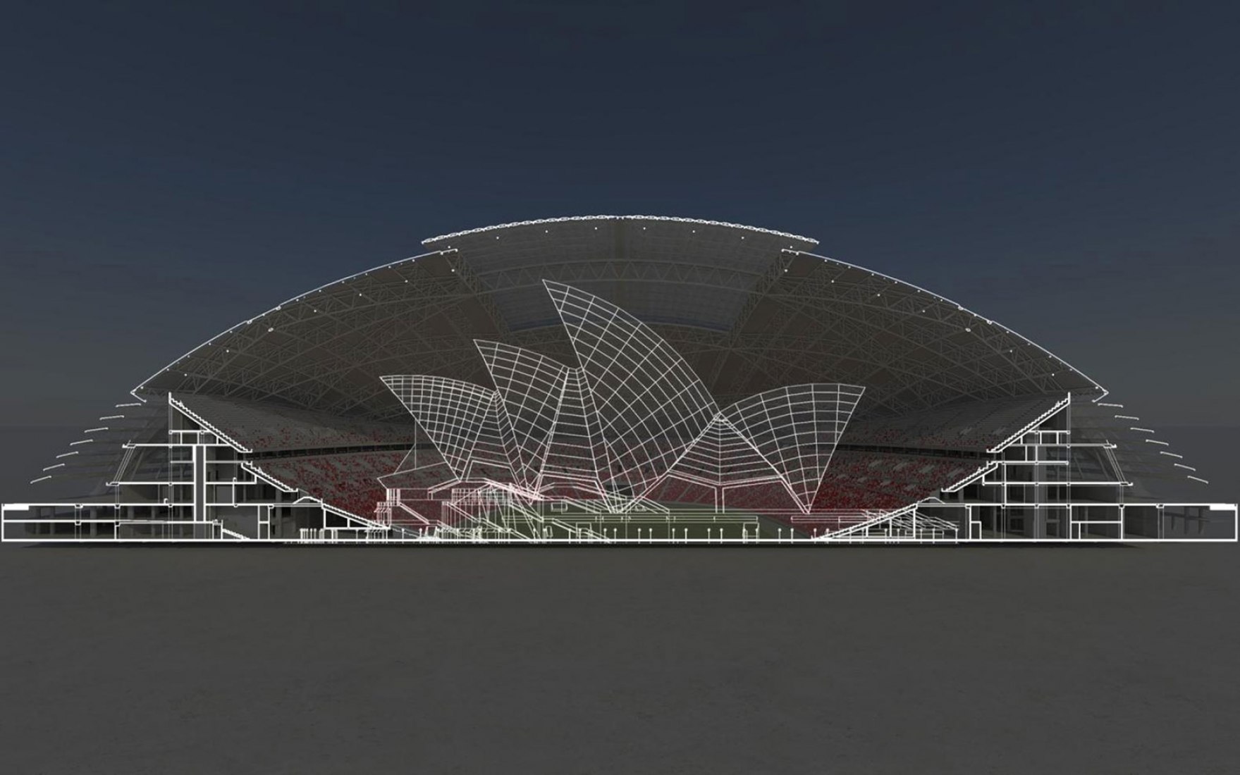 Comparación de tamaño con la Casa de la Ópera de Sidney. Estadio Nacional de Singapur por ARUP Associates.