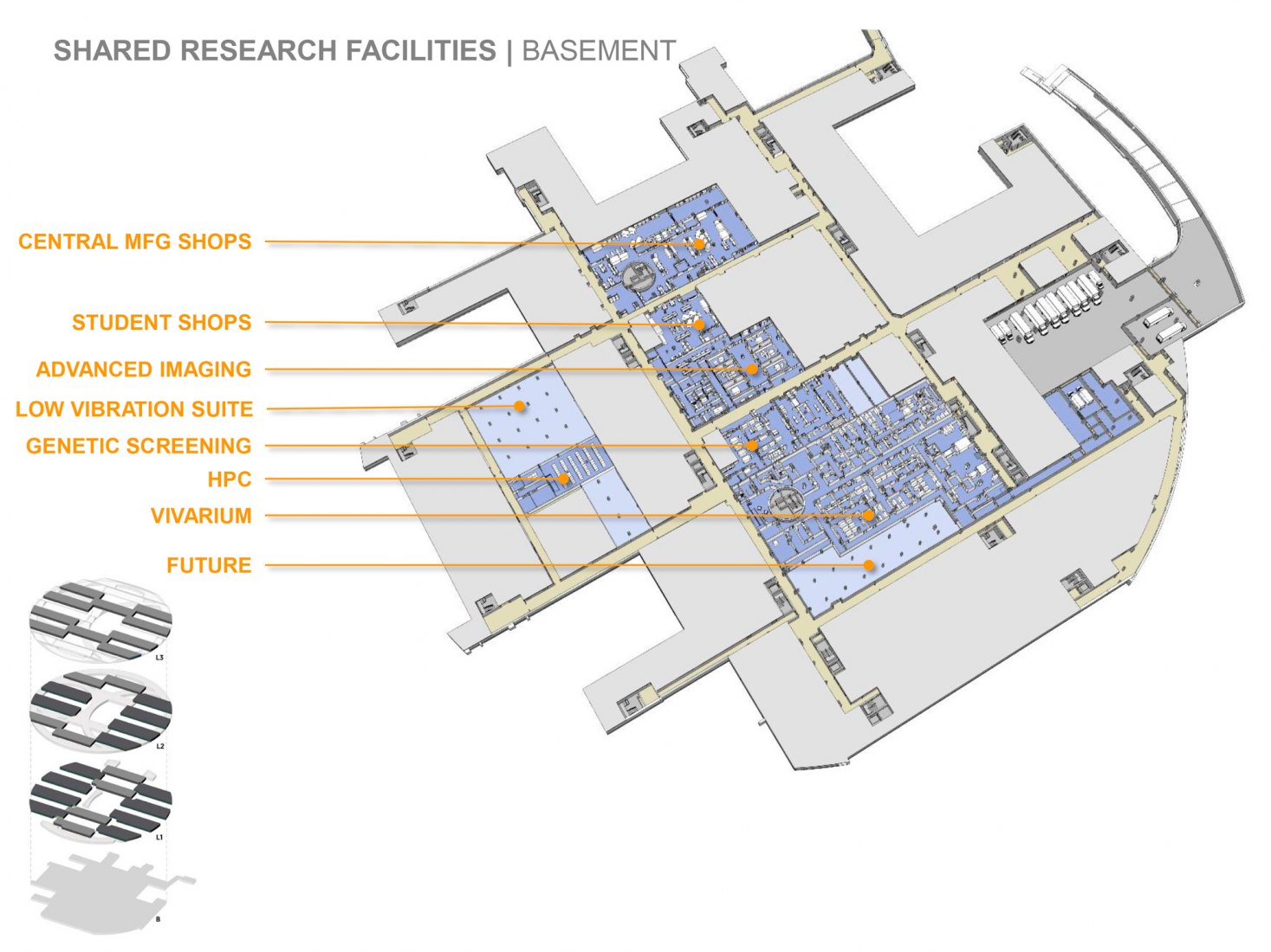 Equipamiento de las zonas de sotano. Instituto Skolkovo de Ciencia y Tecnología por Herzog & de Meuron.